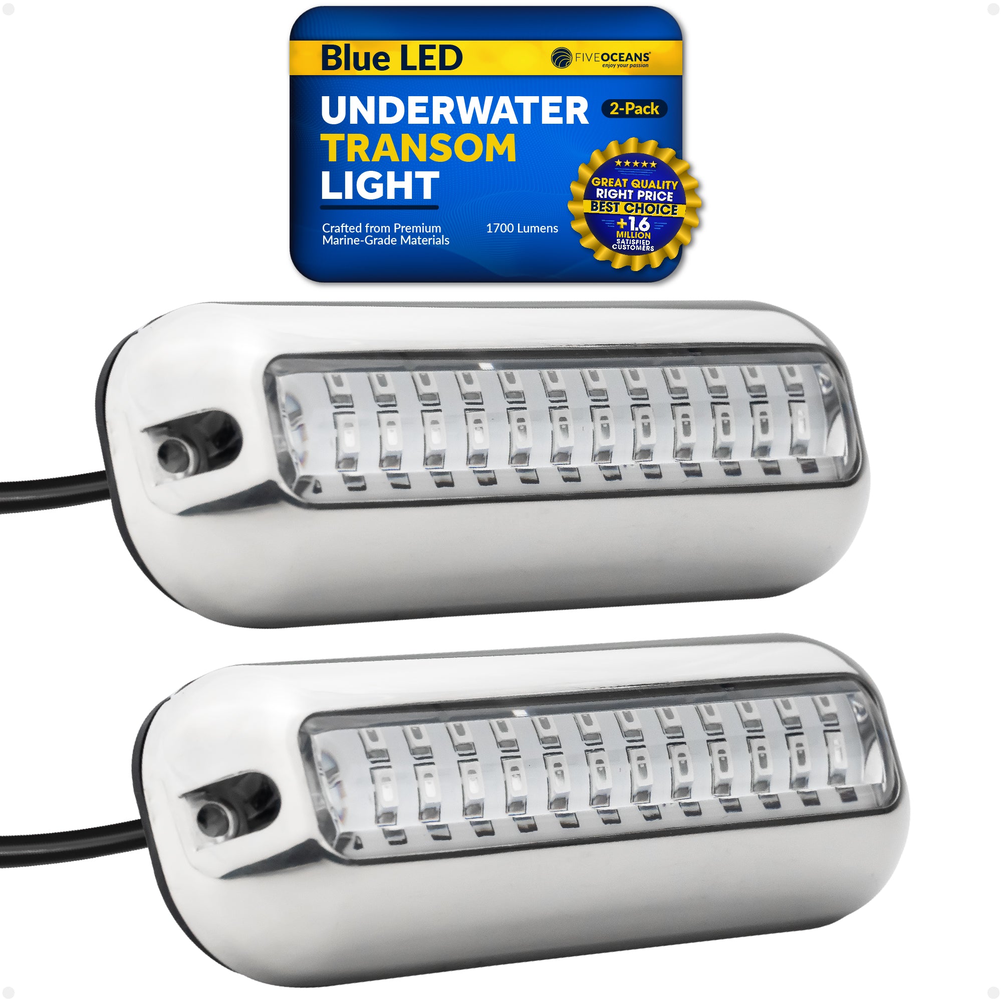 Underwater Transom Light, Stainless Steel, Blue LED, 2-pack - FO4136-M2 - Five Oceans
