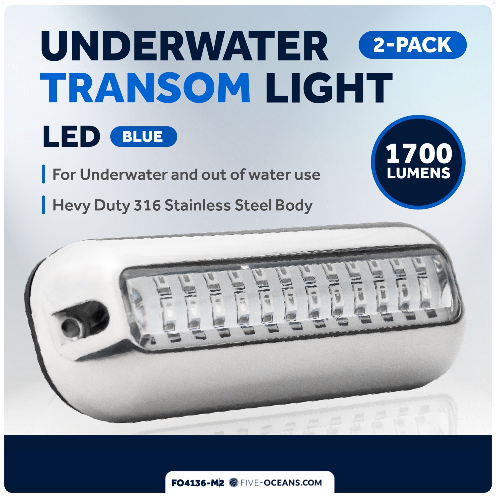 Underwater Transom Light, Stainless Steel, Blue LED, 2-pack - FO4136-M2 - Five Oceans