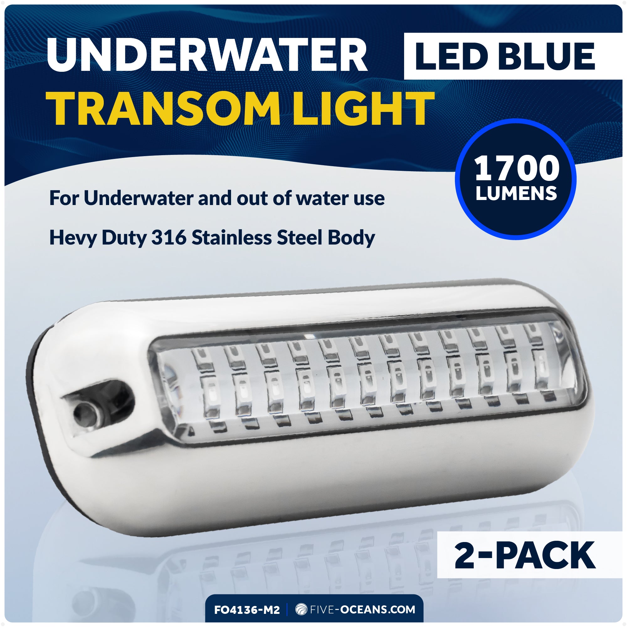 LED Underwater Light, Blue, Stainless Steel Bezel, 12V, 2-Pack - FO4136-M2 - Five Oceans
