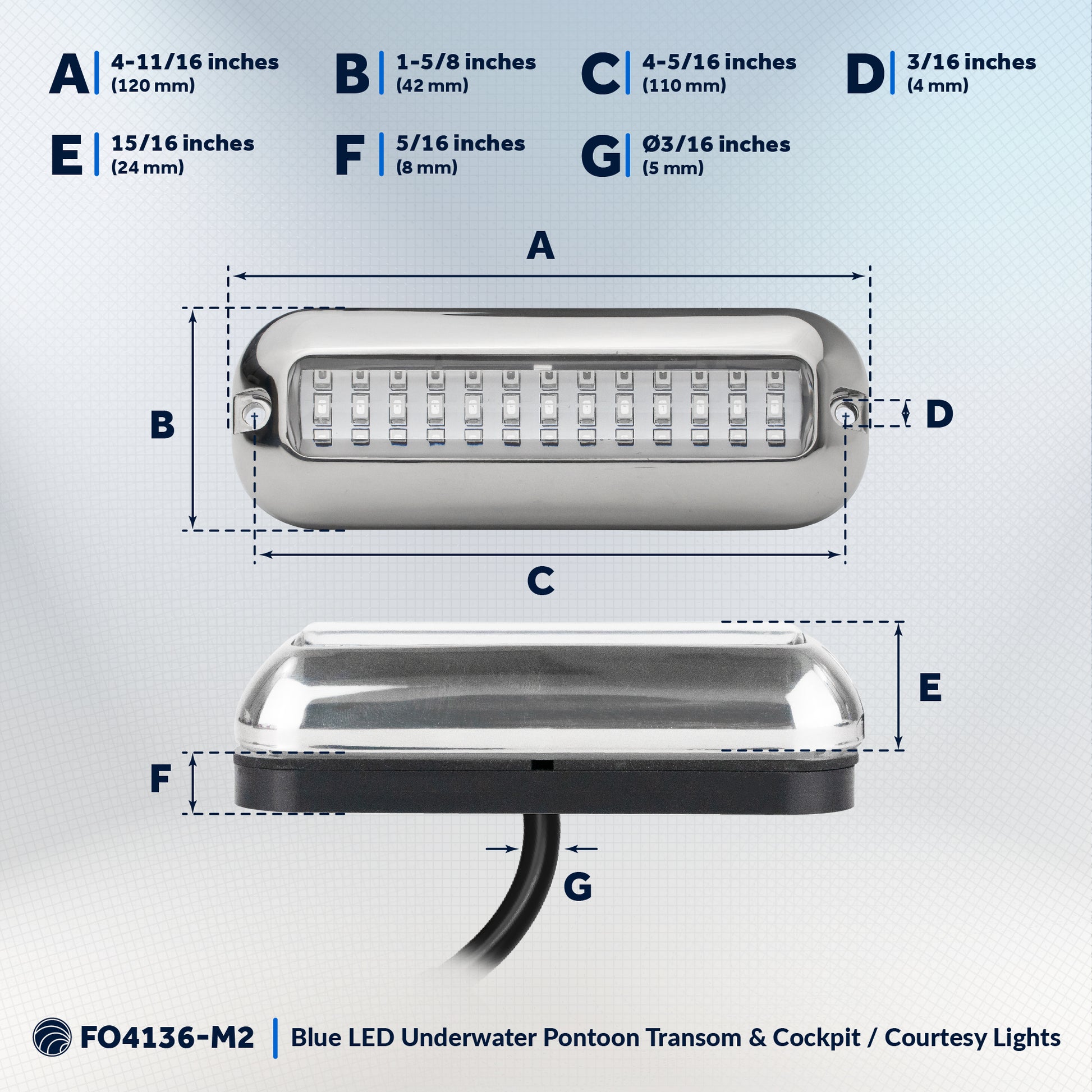 Underwater Transom Light, Stainless Steel, Blue LED, 2-pack - FO4136-M2 - Five Oceans