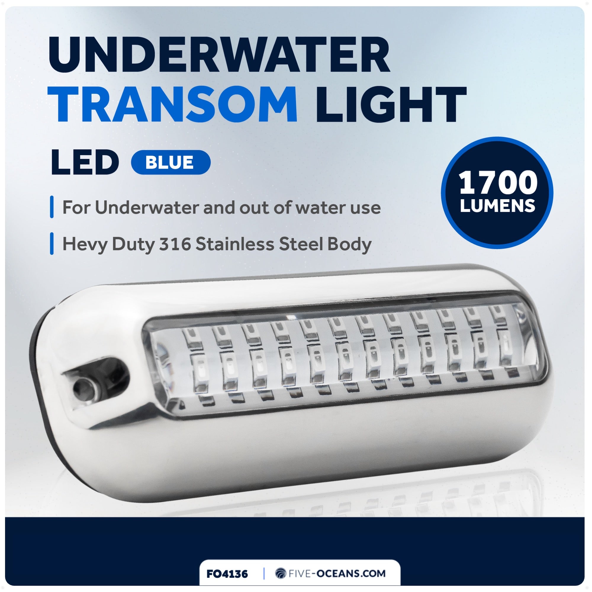 Underwater Transom Light, Stainless Steel, Blue LED - FO4136 - Five Oceans