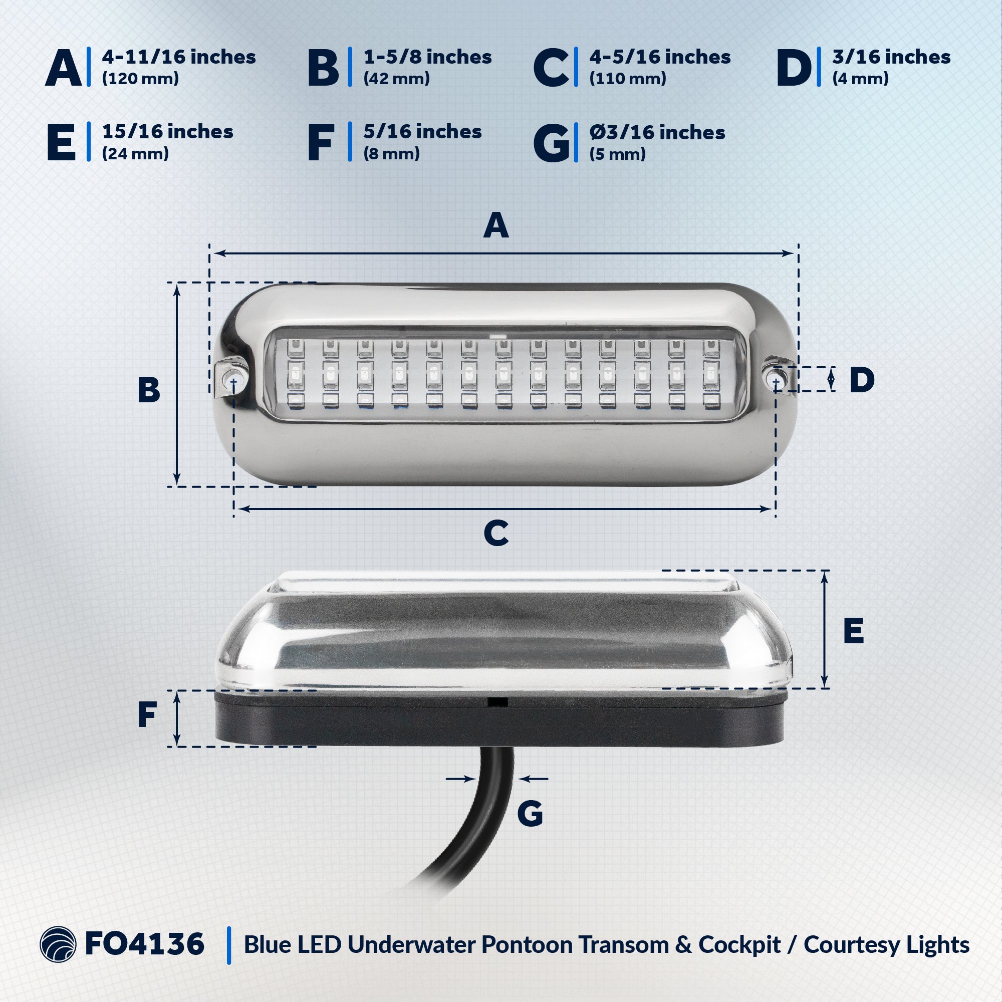 Underwater Transom Light, Stainless Steel, Blue LED - FO4136 - Five Oceans