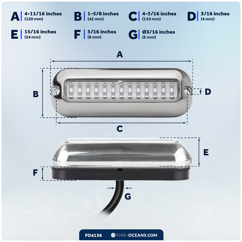 LED Underwater Light, Blue, Stainless Steel Bezel, 12V - FO4136 - Five Oceans