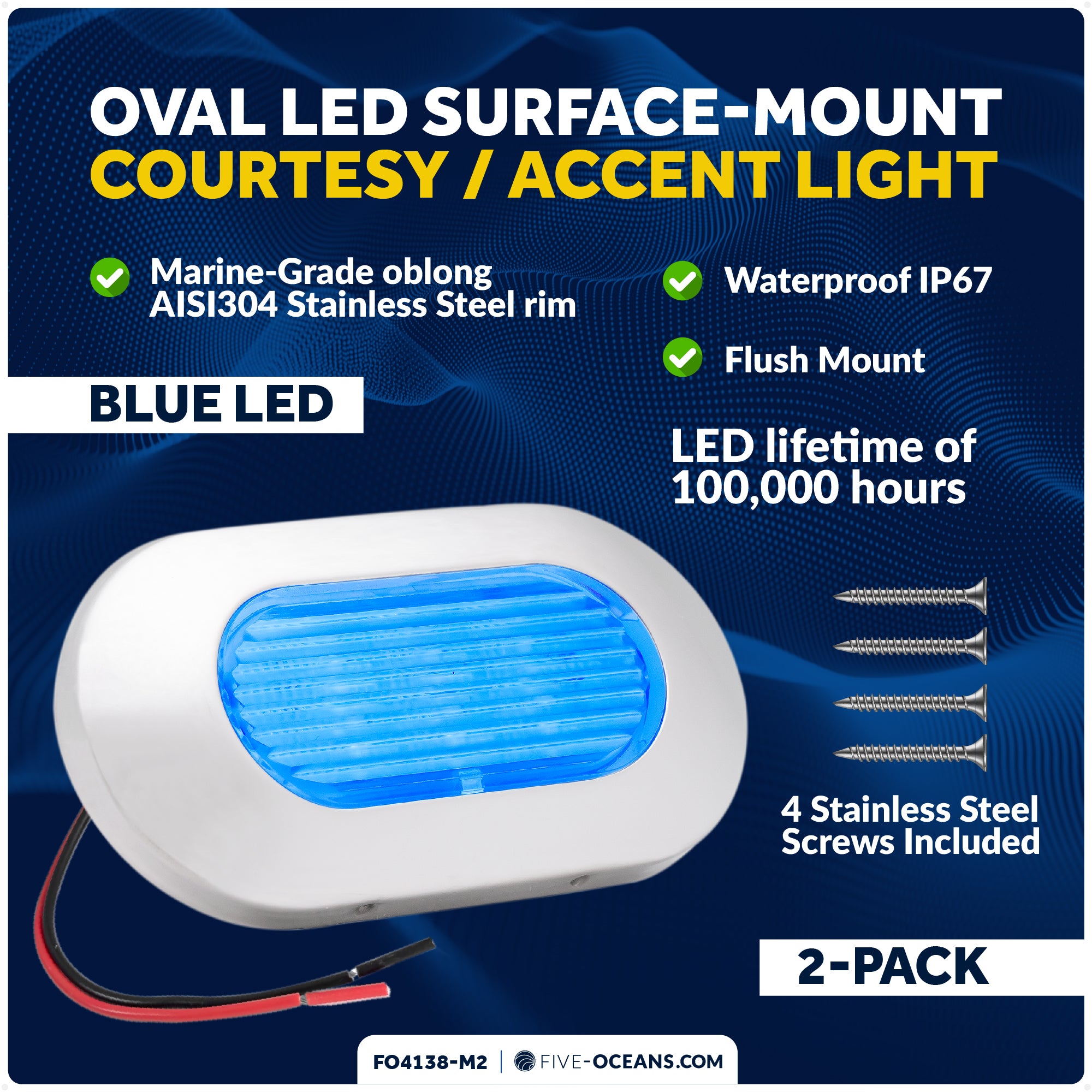 Oval LED Surface-Mount Courtesy / Accent Light, Blue, 12V, 2-Pack - FO4138-M2