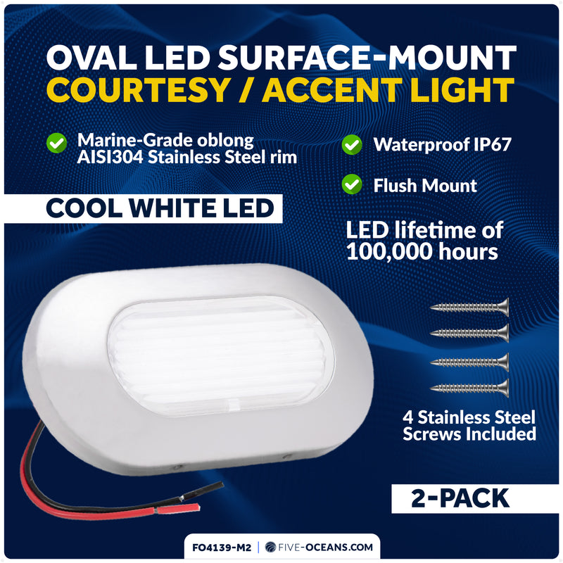 Oval LED Surface-Mount Courtesy / Accent Light, Cool White, 12V, 2-Pack - FO4139-M2 - Five Oceans