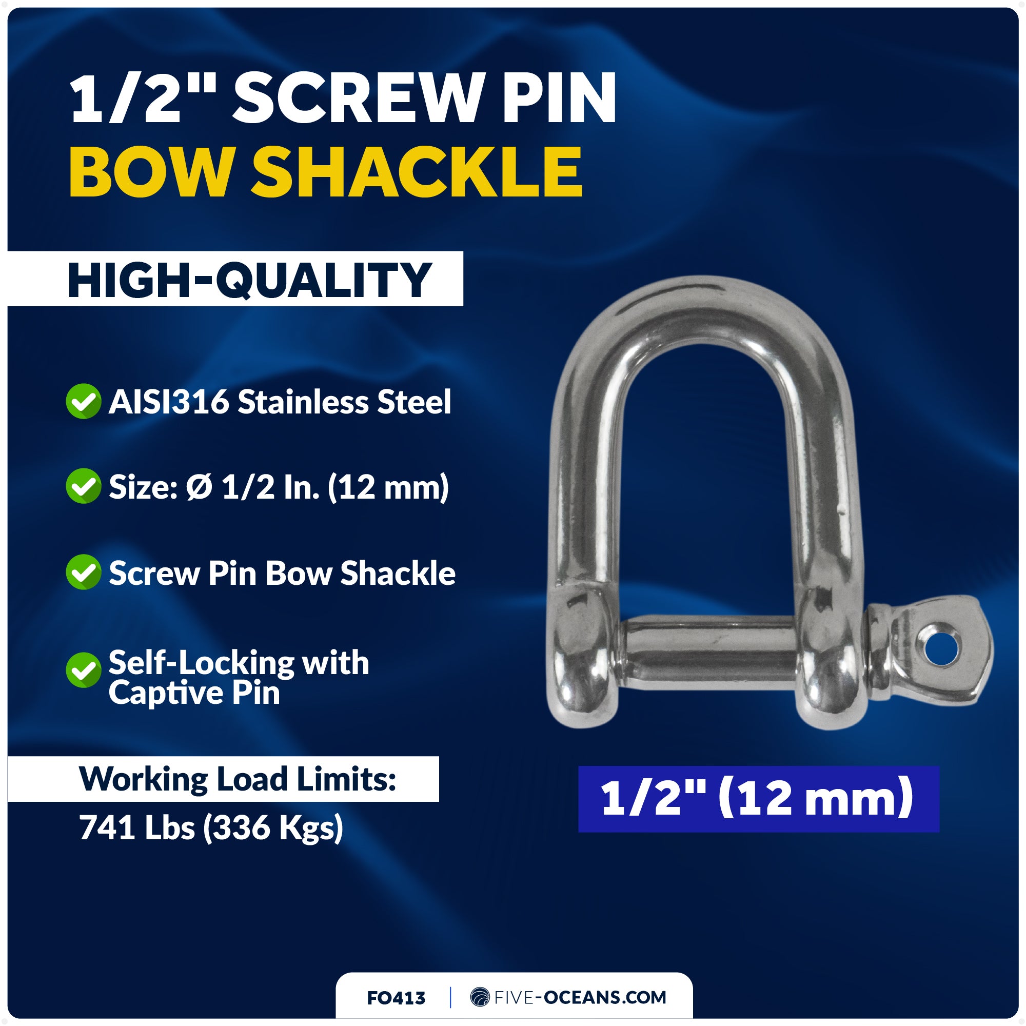 1/2" Screw Pin D Shackle, AISI316 Stainless Steel - FO-413 - Five Oceans