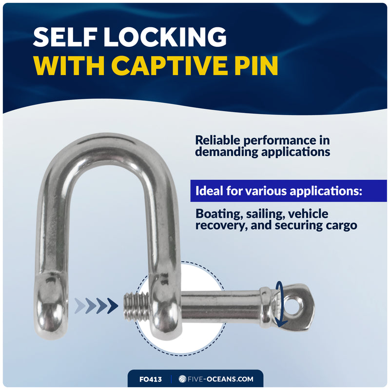 1/2" Captive Screw Pin D Anchor Shackle, 316 Stainless Steel