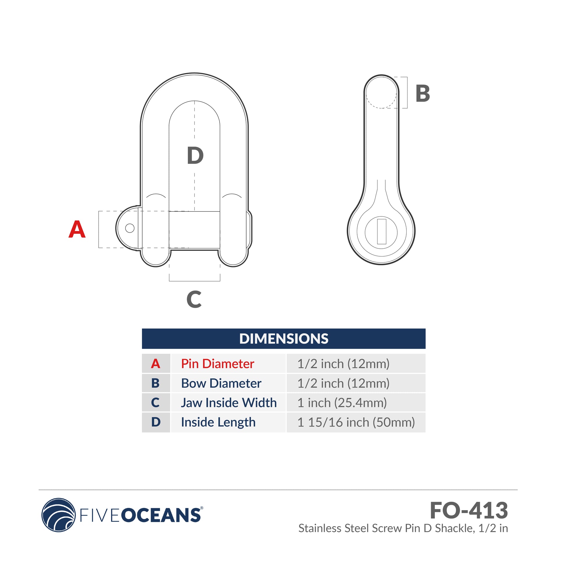 Screw Pin D Shackle, Stainless Steel 1/2 inches FO-413 - Five Oceans