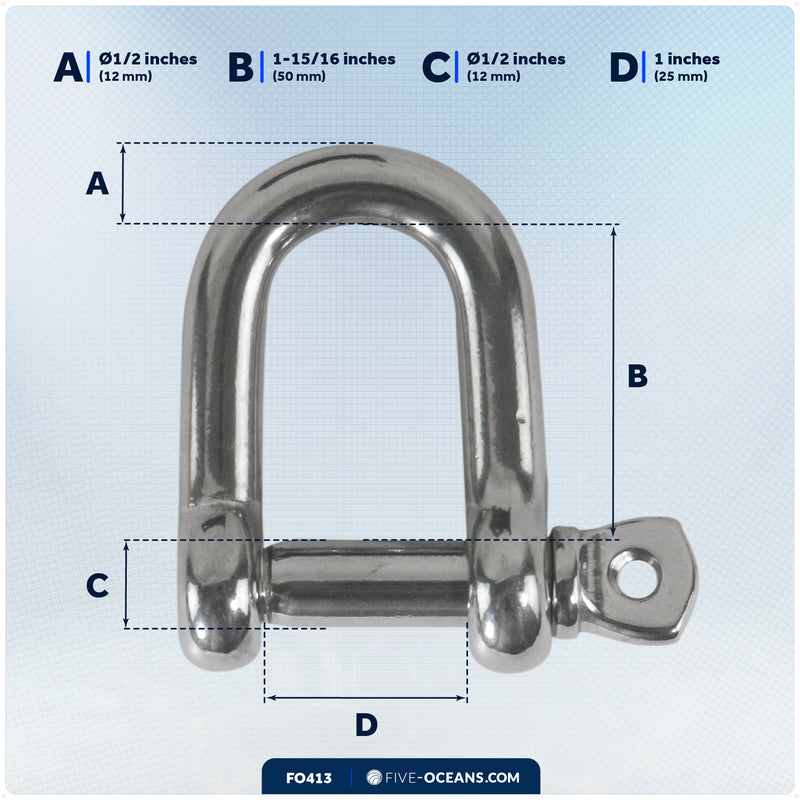 1/2" Captive Screw Pin D Anchor Shackle, 316 Stainless Steel