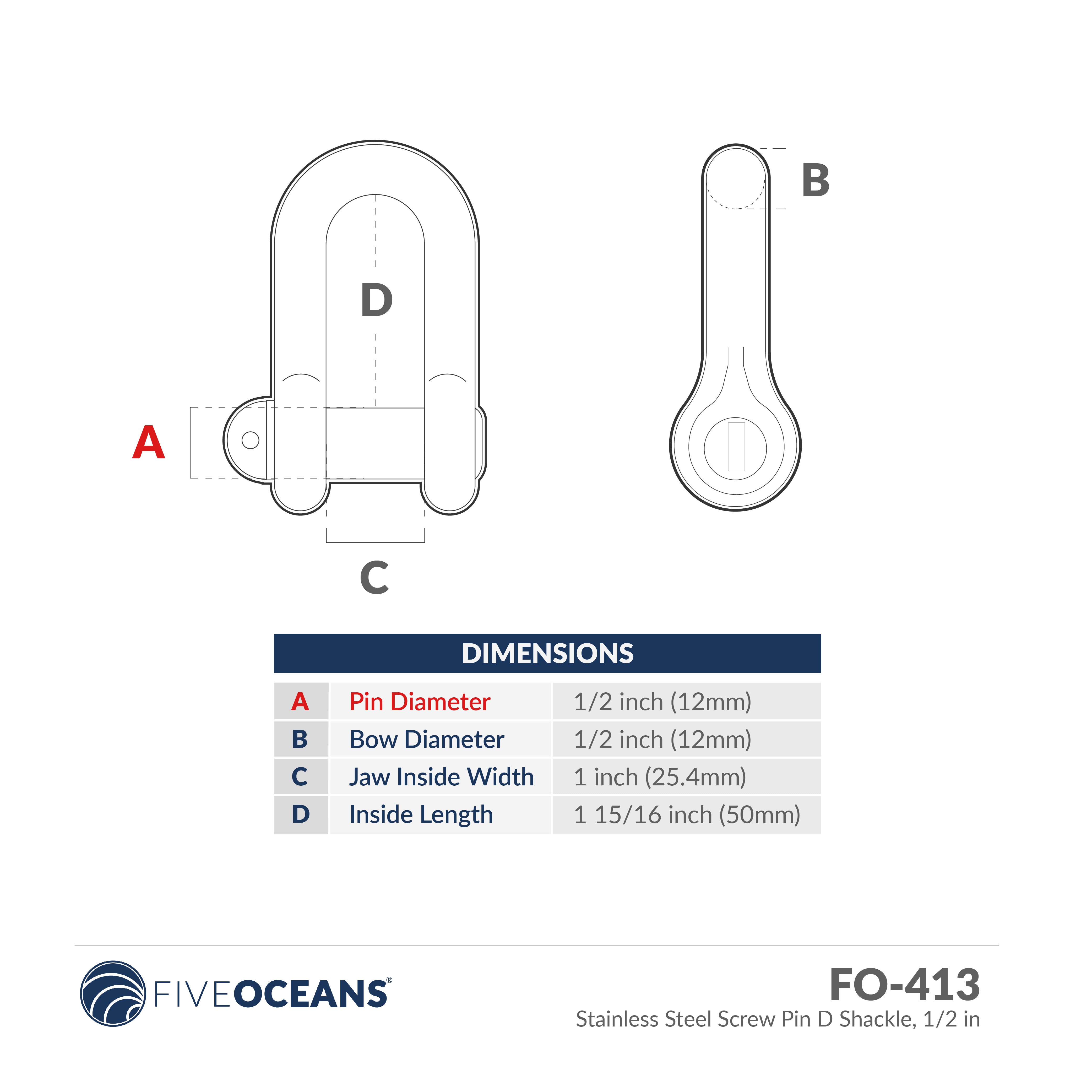 1/2" Screw Pin D Shackle, AISI316 Stainless Steel - FO-413
