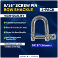 9/16" Screw Pin D Anchor Shackle, AISI316 Stainless Steel, 2-Pack