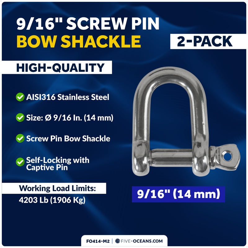 9/16" Screw Pin D Anchor Shackle, AISI316 Stainless Steel, 2-Pack