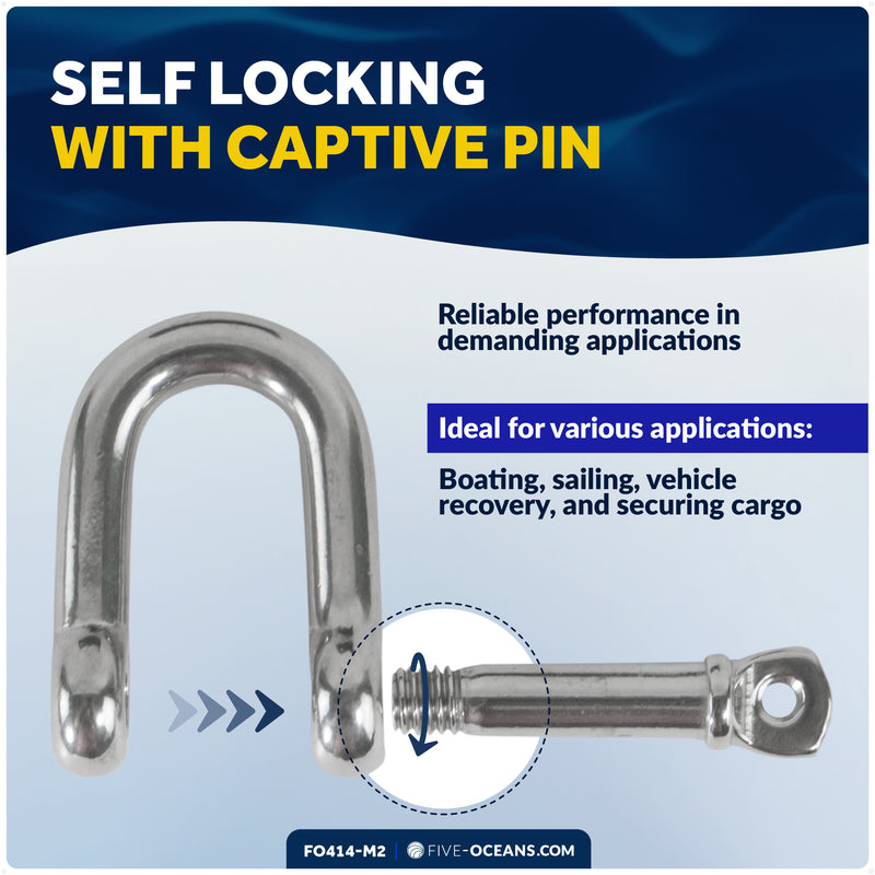 9/16" Screw Pin D Anchor Shackle, AISI316 Stainless Steel, 2-Pack