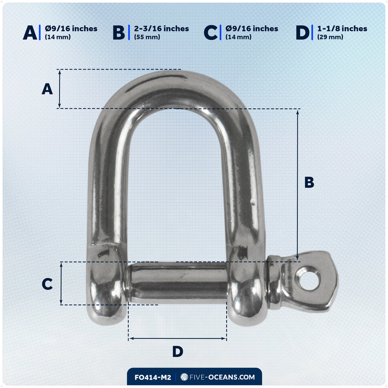 9/16" Screw Pin D Anchor Shackle, AISI316 Stainless Steel, 2-Pack