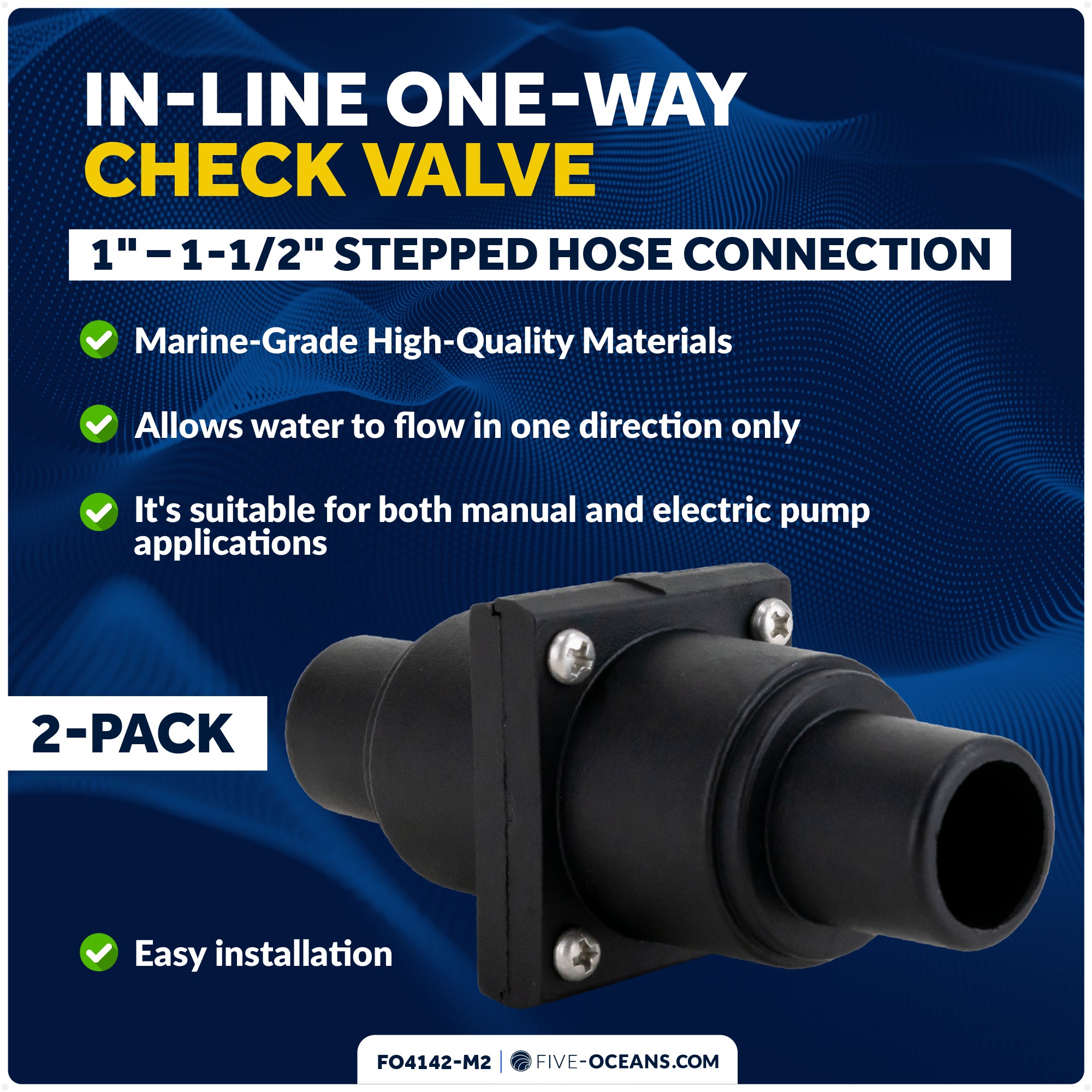 In-Line One-Way Check Valve - 1" - 1-1/2" Stepped Hose Connection, 2-Pack - FO4142-M2 - Five Oceans