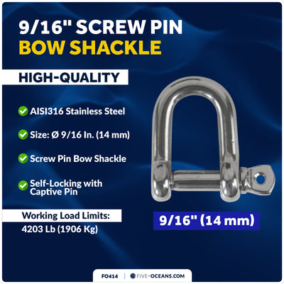 9/16" Screw Pin D Anchor Shackle, AISI316 Stainless Steel