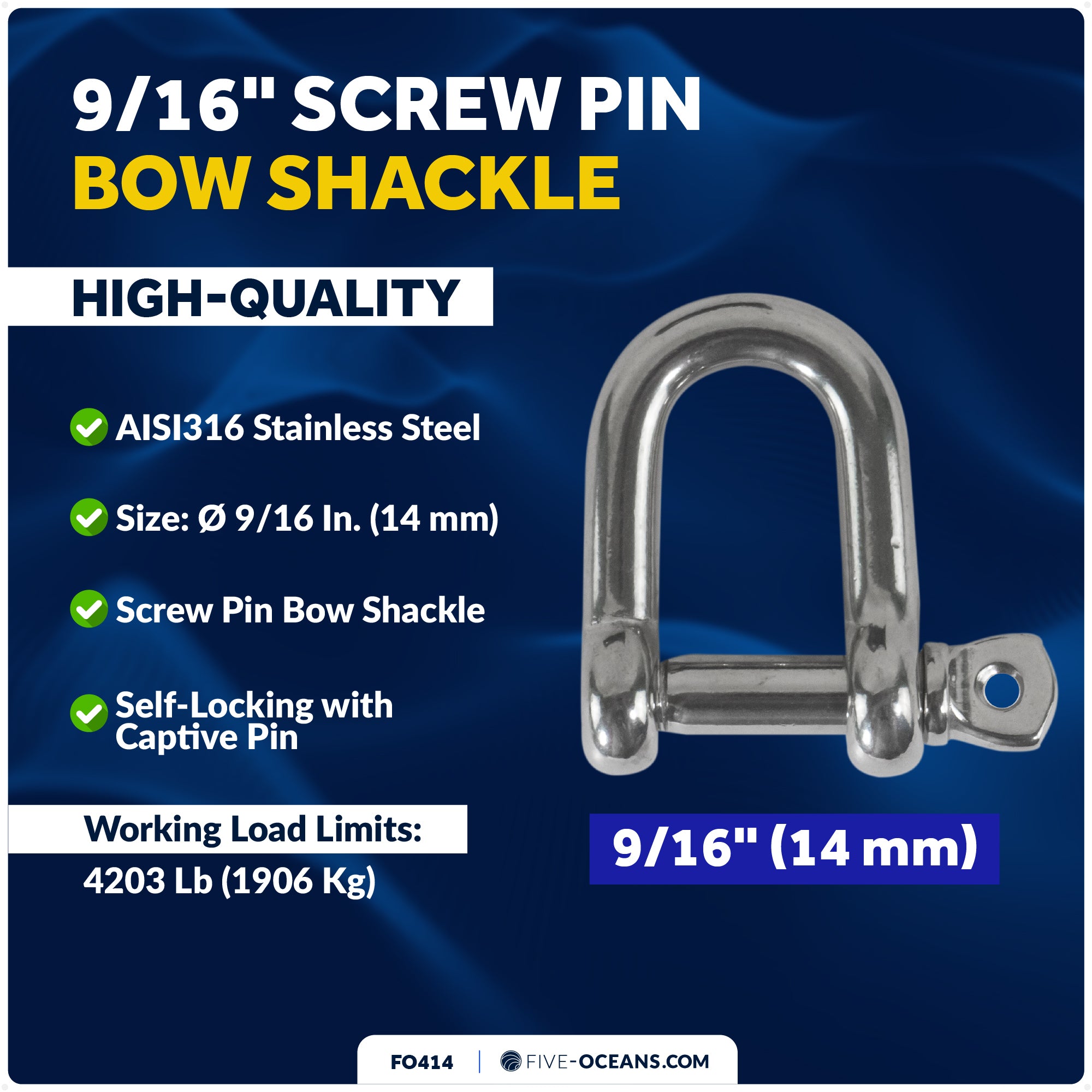 9/16" Screw Pin D Shackle, AISI316 Stainless Steel - FO414 - Five Oceans