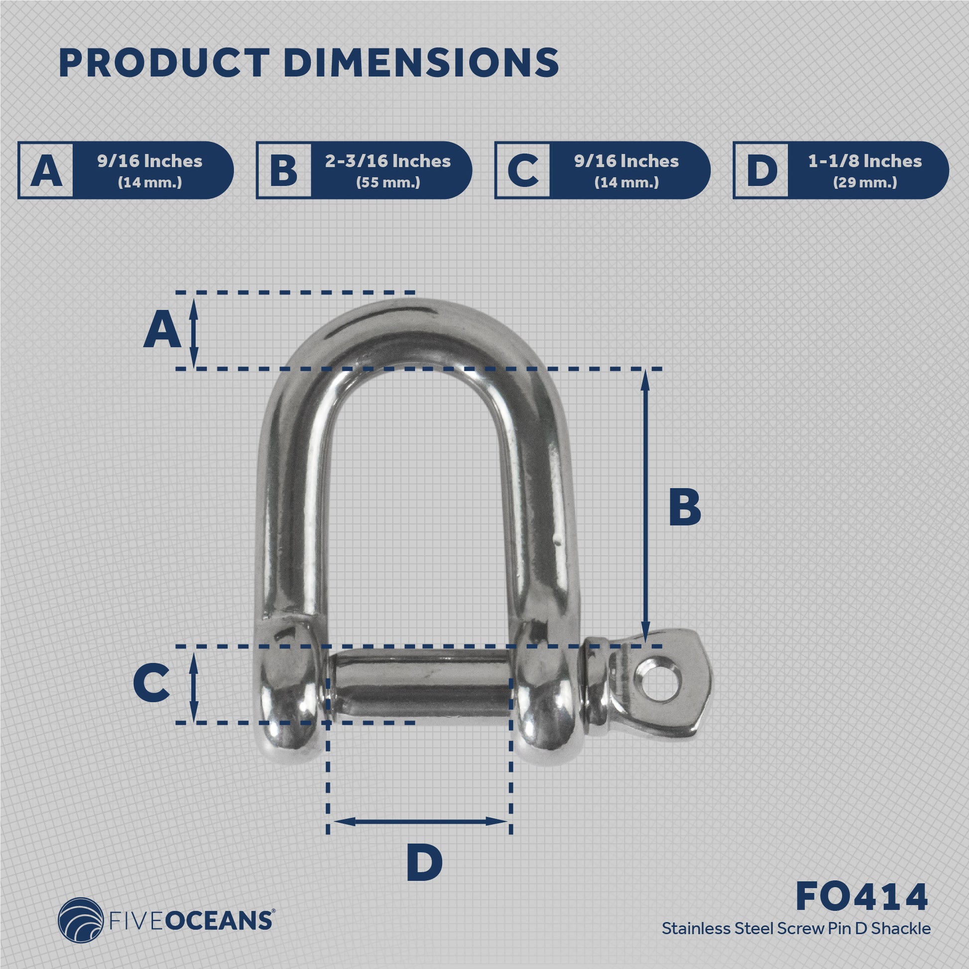 Pin D Shackles, 9/16" Screw, Stainless Steel - FO414 - Five Oceans