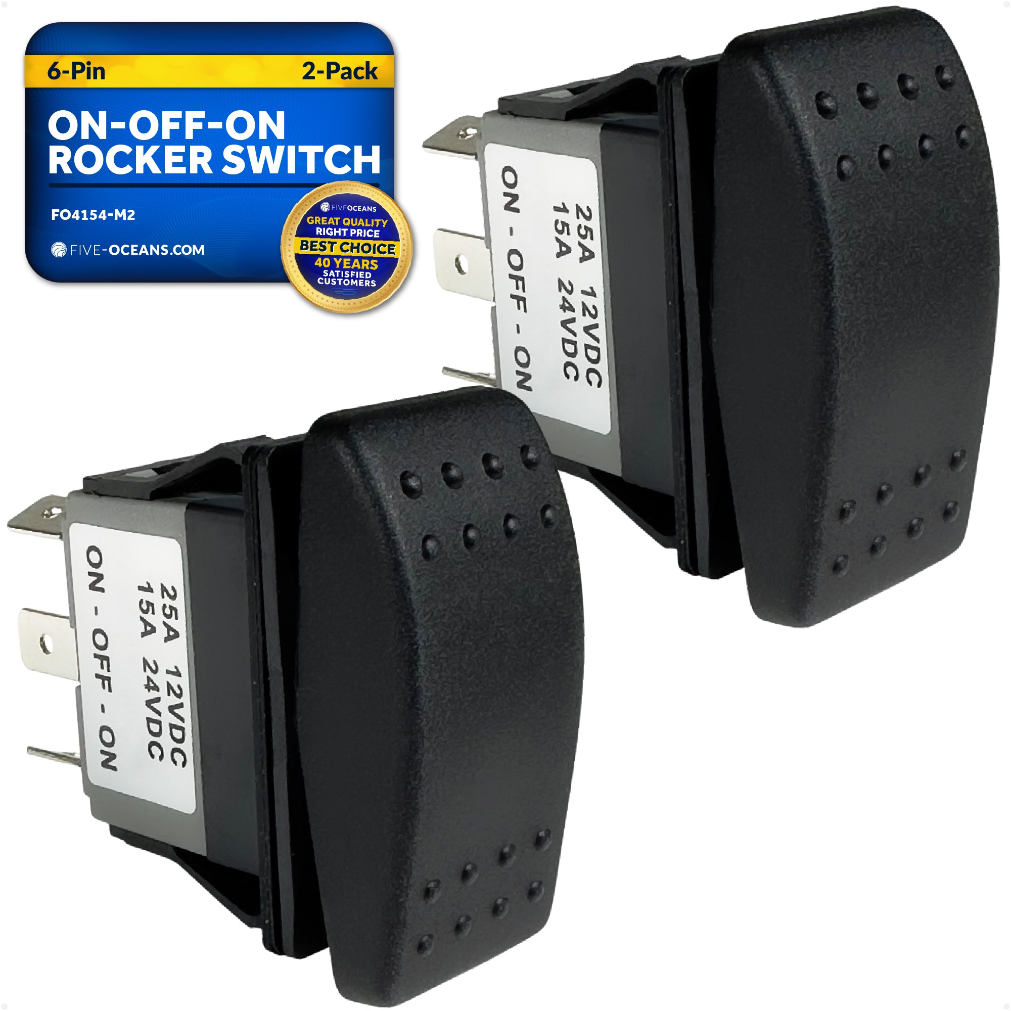 6-Pin On-Off-On Rocker Switch, DPDT, 25A/12V DC - 15A/24V DC, 2-Pack - FO4154-M2 - Five Oceans