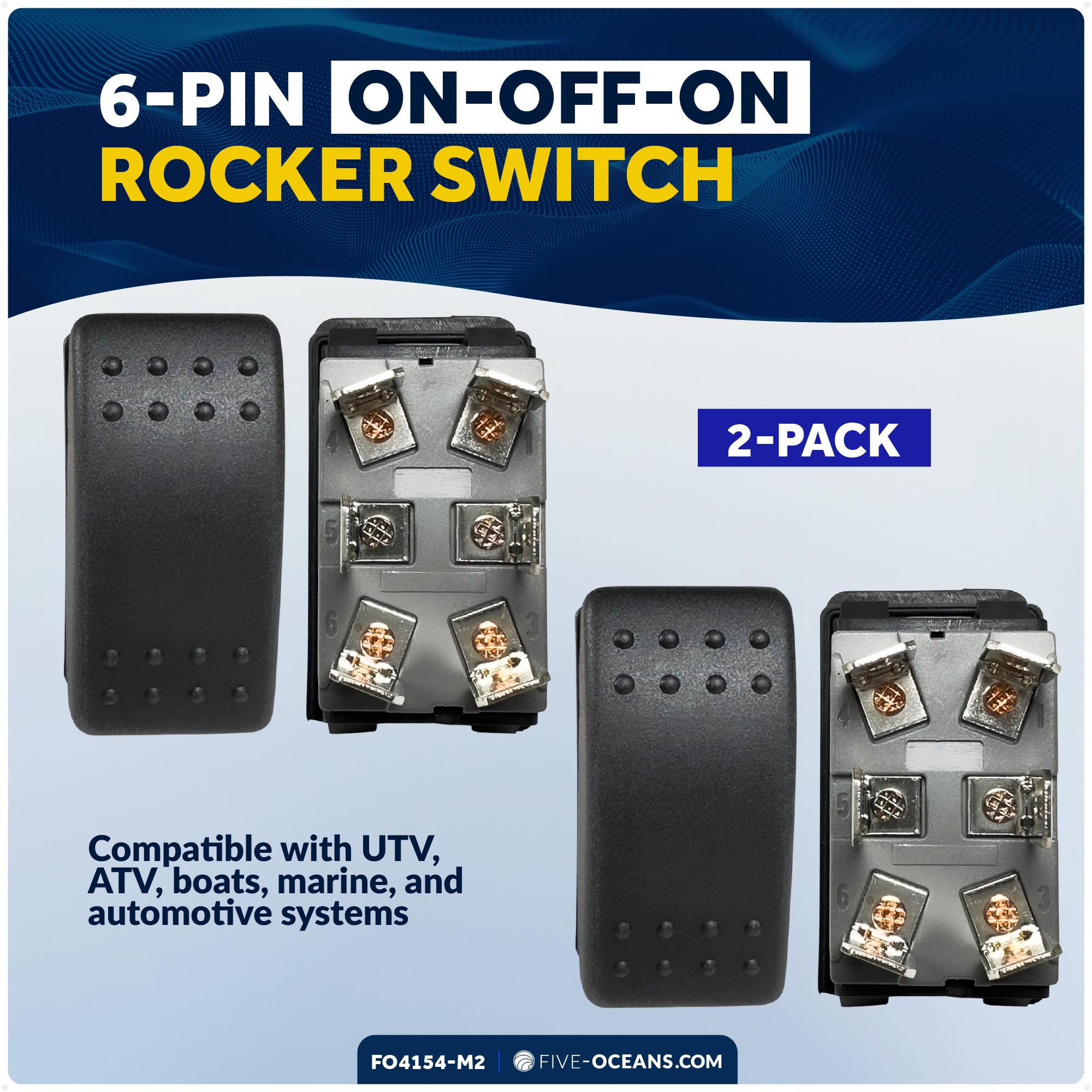 6-Pin On-Off-On Rocker Switch, DPDT, 25A/12V DC - 15A/24V DC, 2-Pack - FO4154-M2 - Five Oceans