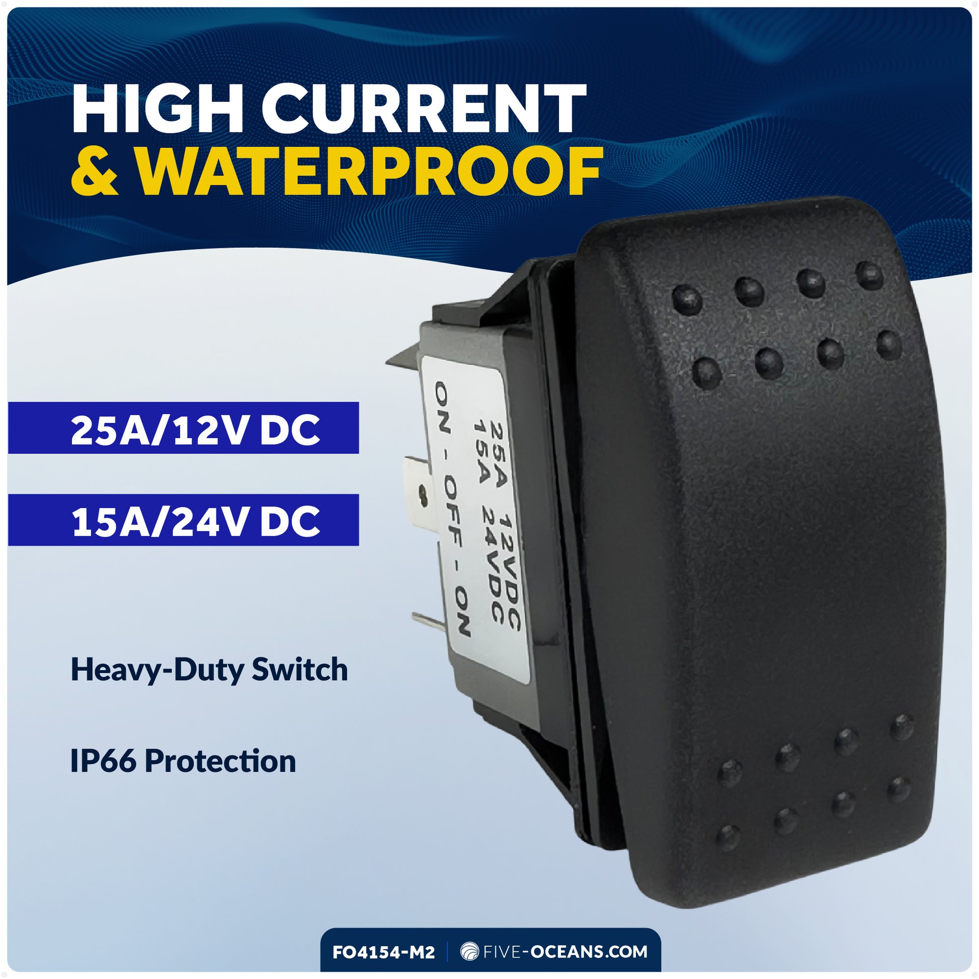 6-Pin On-Off-On Rocker Switch, DPDT, 25A/12V DC - 15A/24V DC, 2-Pack - FO4154-M2 - Five Oceans