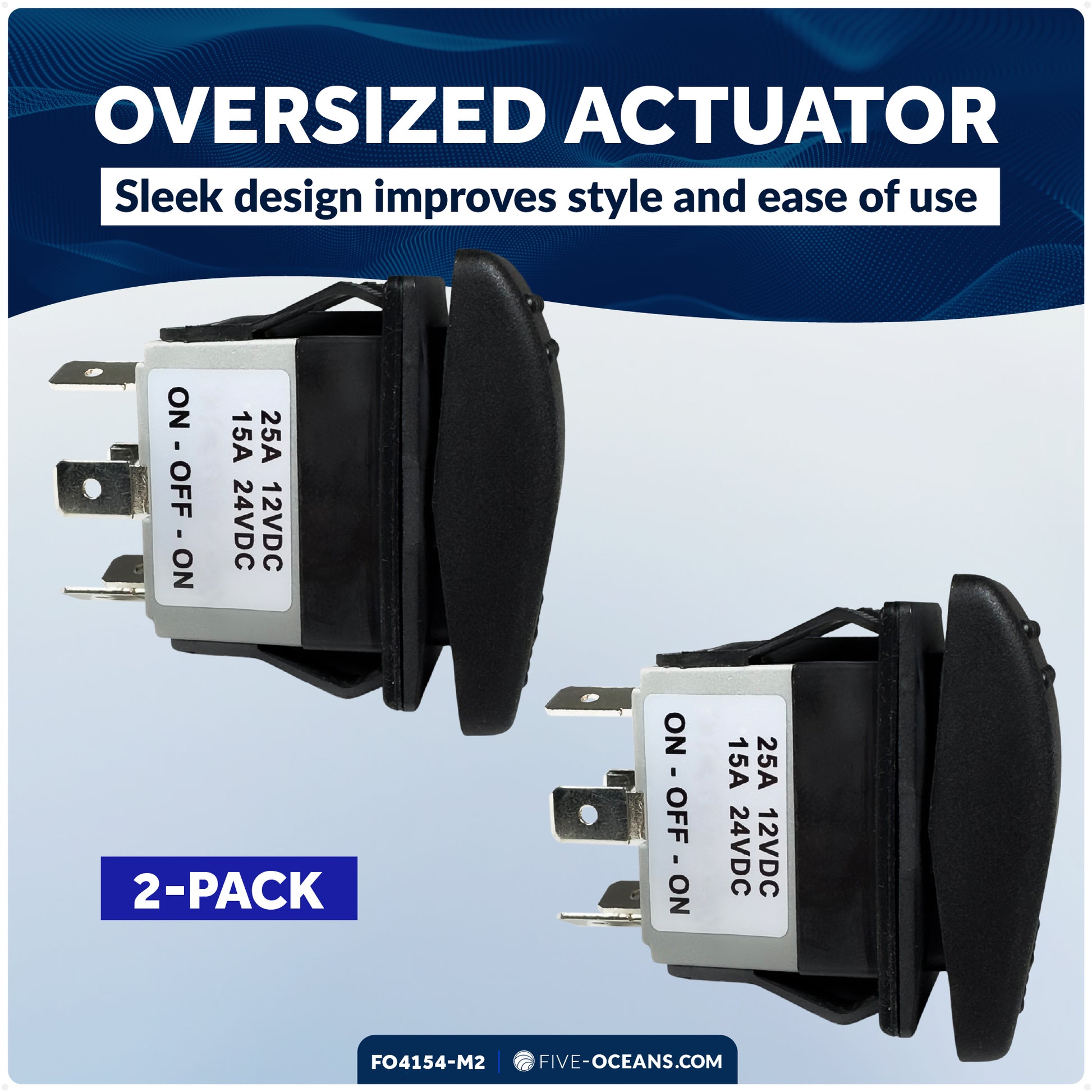 6-Pin On-Off-On Rocker Switch, DPDT, 25A/12V DC - 15A/24V DC, 2-Pack - FO4154-M2 - Five Oceans