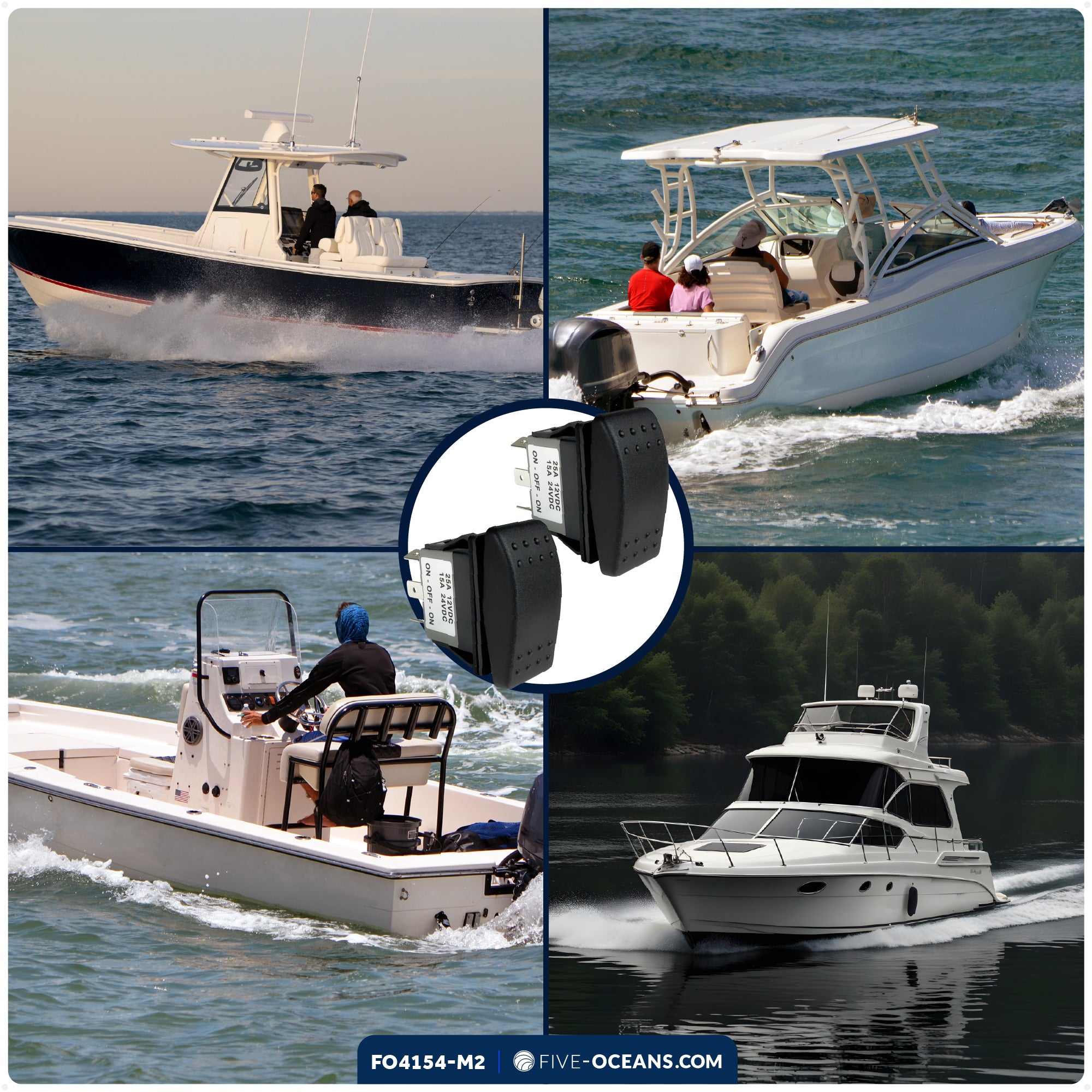 6-Pin On-Off-On Rocker Switch, DPDT, 25A/12V DC - 15A/24V DC, 2-Pack - FO4154-M2 - Five Oceans