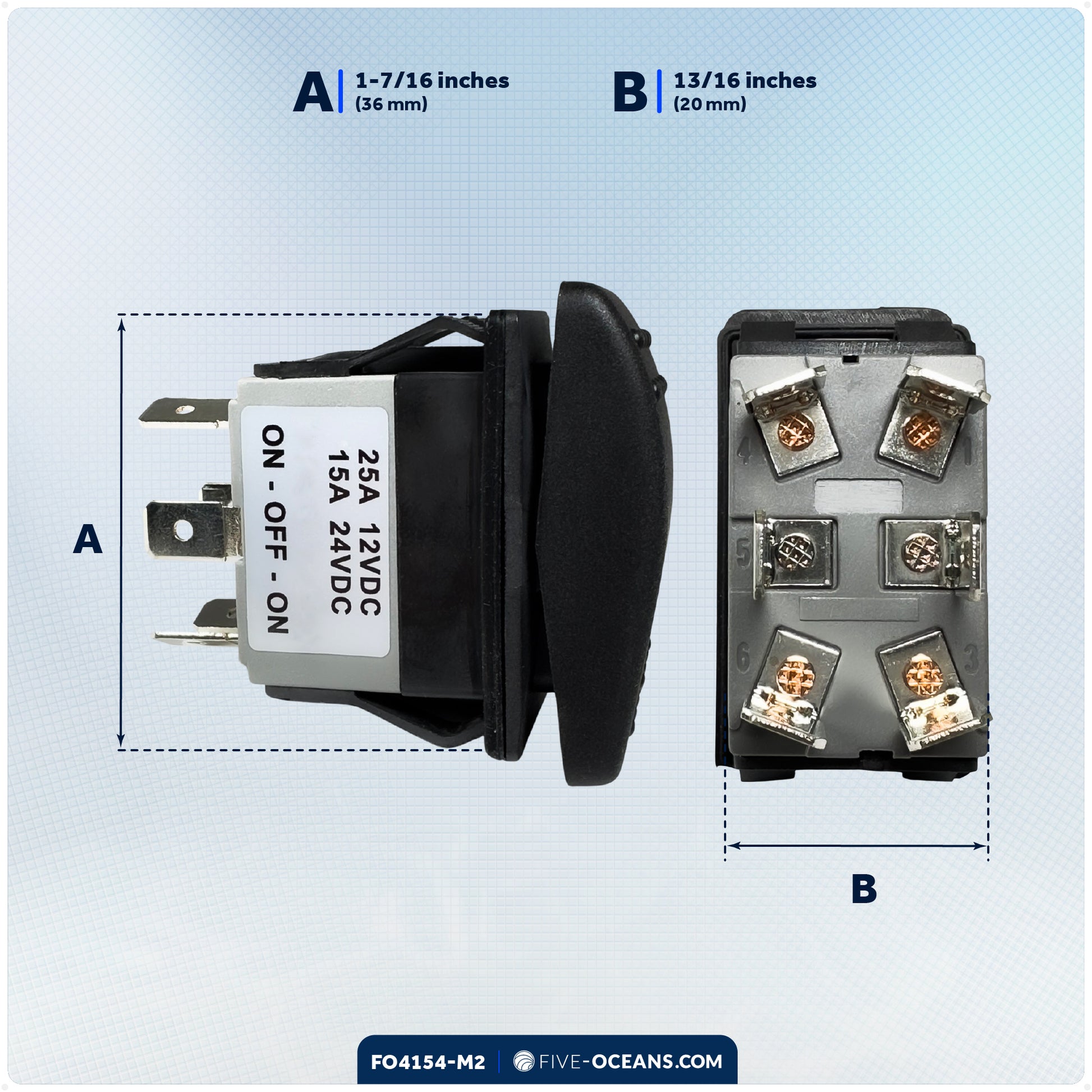6-Pin On-Off-On Rocker Switch, DPDT, 25A/12V DC - 15A/24V DC, 2-Pack - FO4154-M2 - Five Oceans