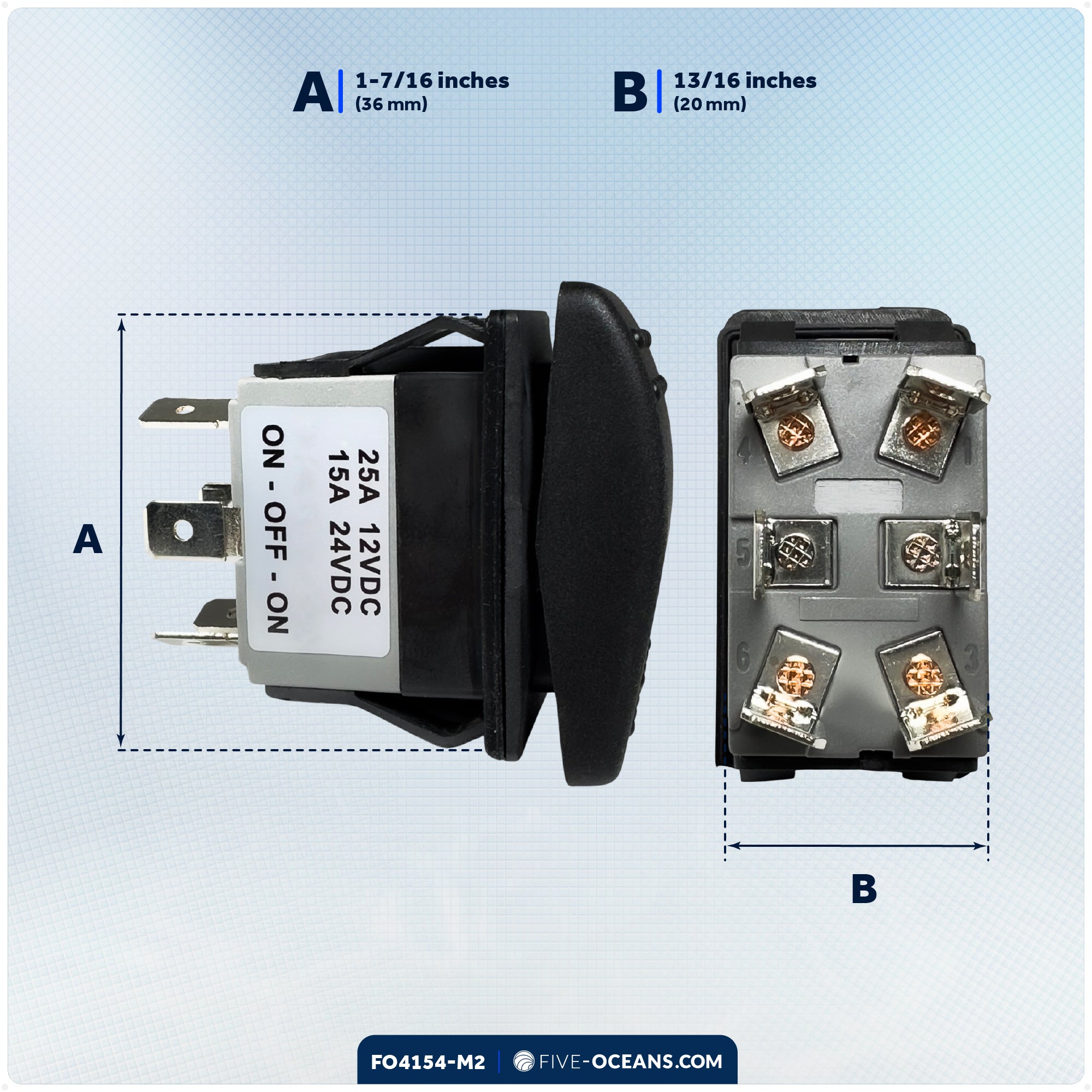 6-Pin On-Off-On Rocker Switch, DPDT, 25A/12V DC - 15A/24V DC, 2-Pack - FO4154-M2 - Five Oceans
