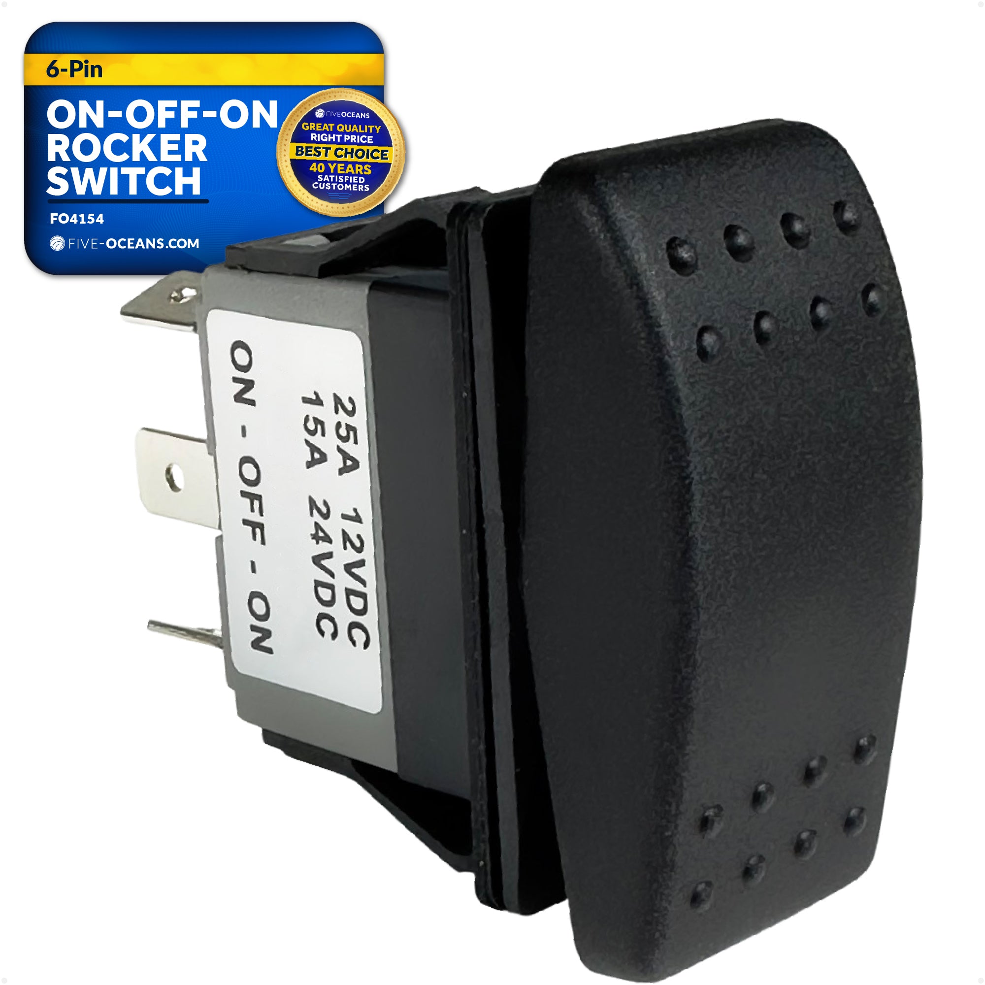 6-Pin On-Off-On Rocker Switch, DPDT, 25A/12V DC - 15A/24V DC - FO4154