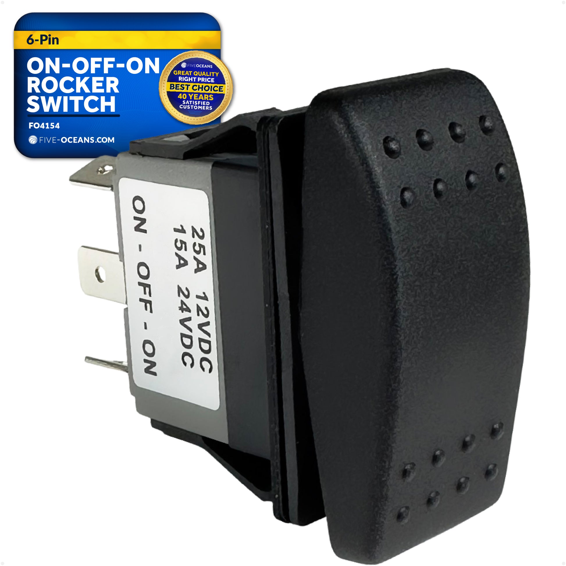6-Pin On-Off-On Rocker Switch, DPDT, 25A/12V DC - 15A/24V DC - FO4154 - Five Oceans
