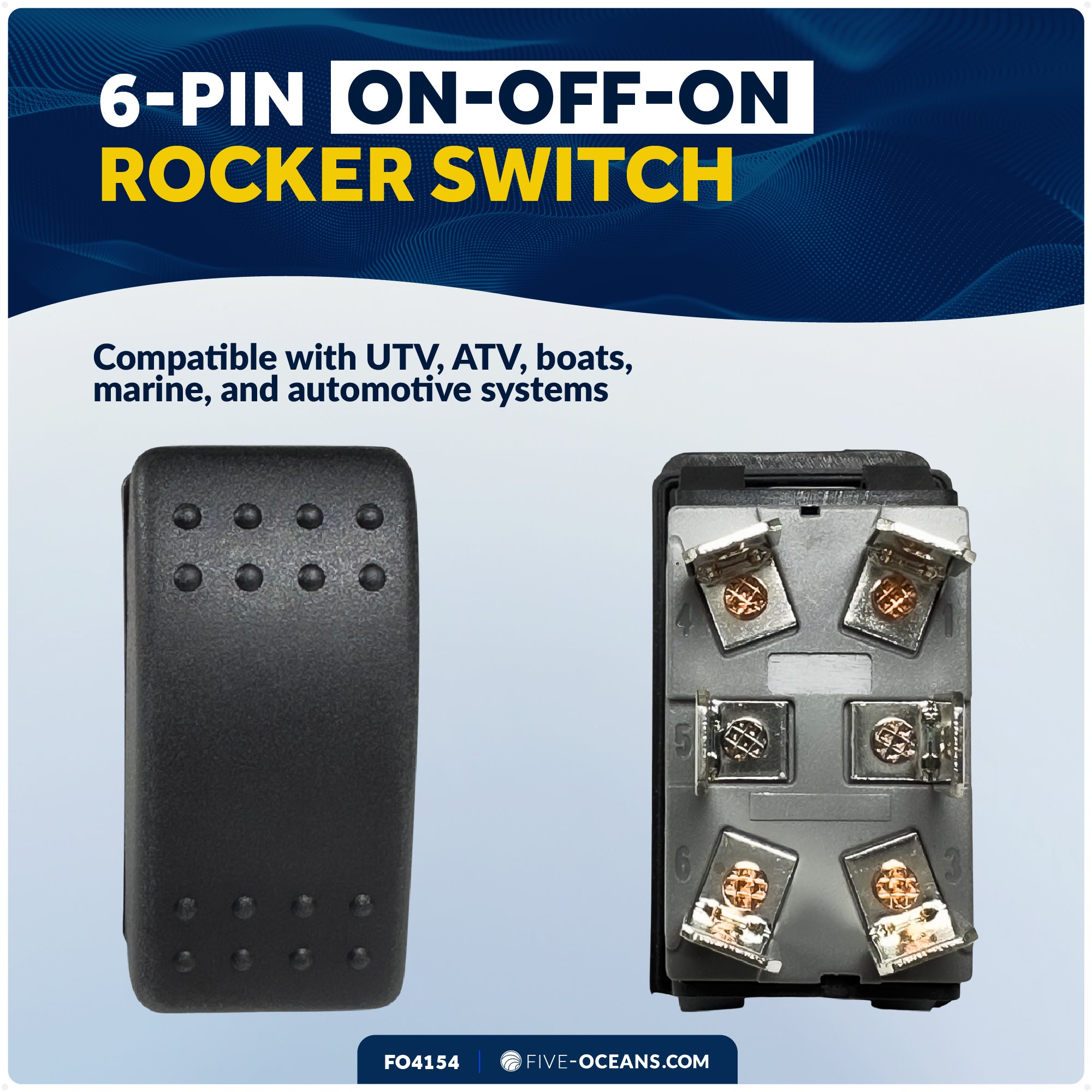 6-Pin On-Off-On Rocker Switch, DPDT, 25A/12V DC - 15A/24V DC - FO4154