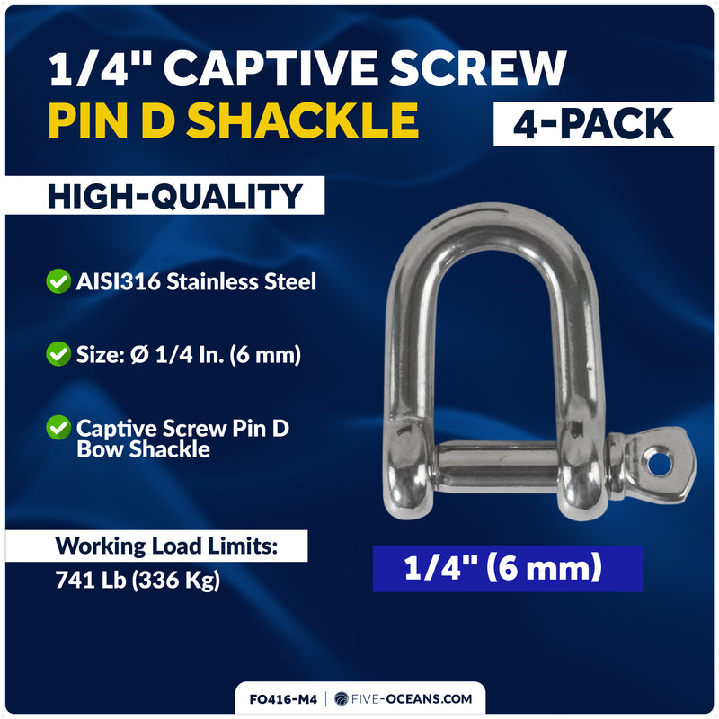 1/4" Captive Screw Pin D Anchor Shackle, AISI316 Stainless Steel, 4-Pack