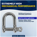 1/4" Captive Screw Pin D Anchor Shackle, AISI316 Stainless Steel, 4-Pack