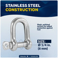 1/4" Captive Screw Pin D Anchor Shackle, AISI316 Stainless Steel, 4-Pack
