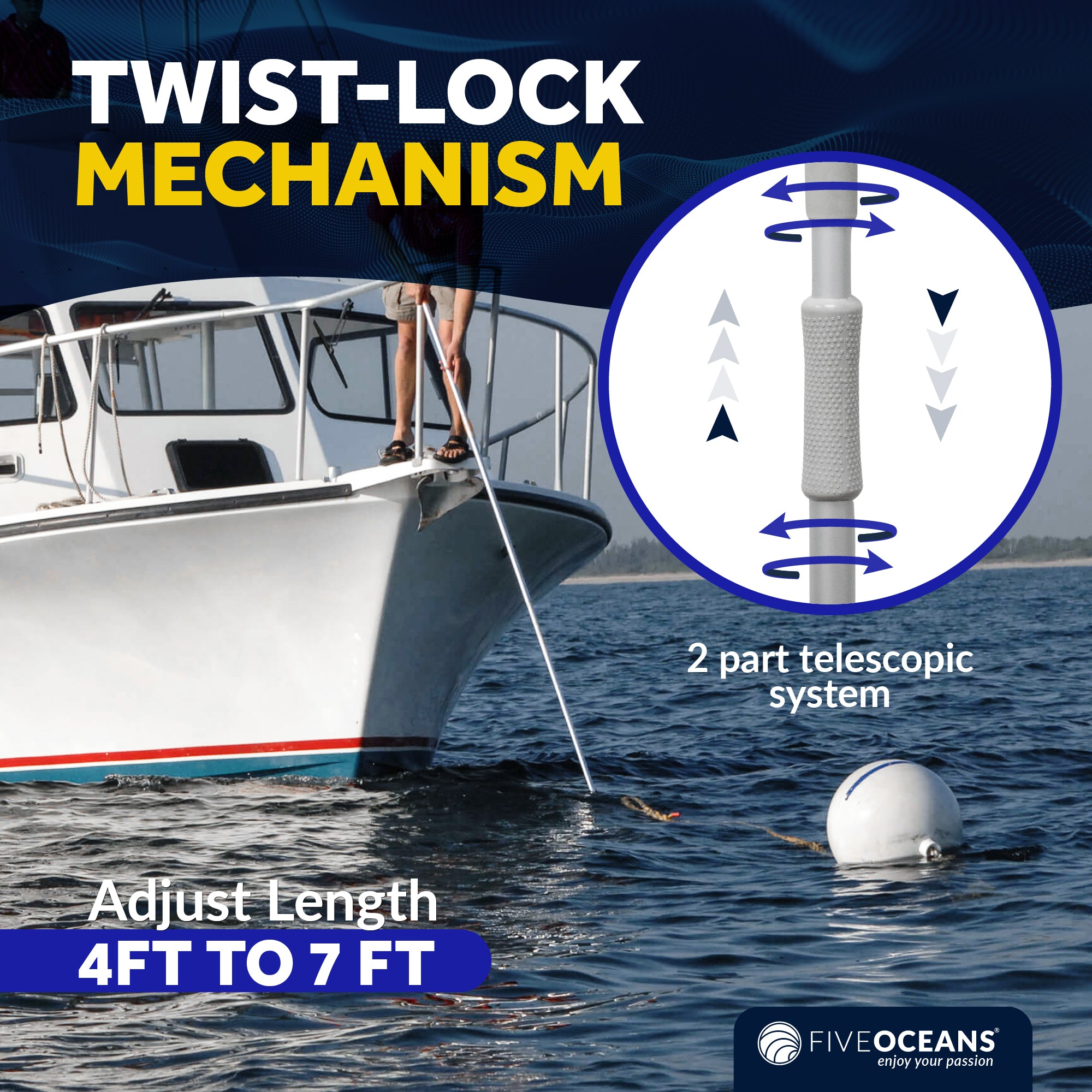 Telescoping Boat Hooks, Aluminum, Grey - FO4164 - Five Oceans