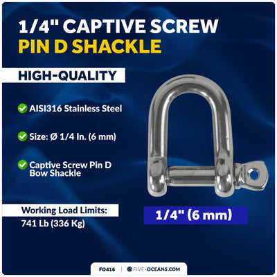 1/4" Captive Screw Pin D Anchor Shackle, AISI316 Stainless Steel