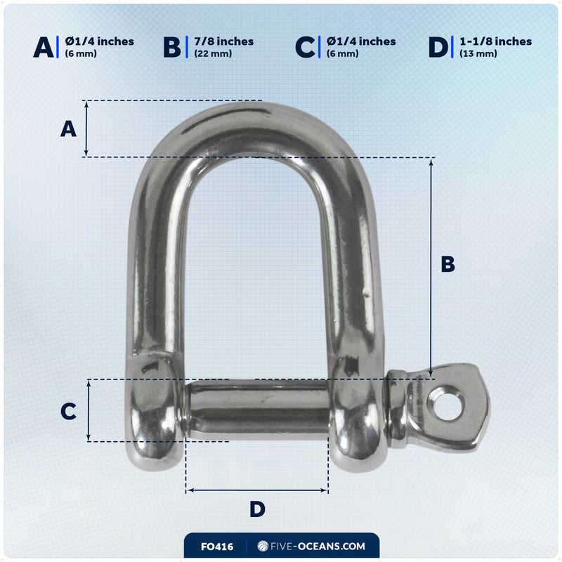 1/4" Captive Screw Pin D Anchor Shackle, AISI316 Stainless Steel