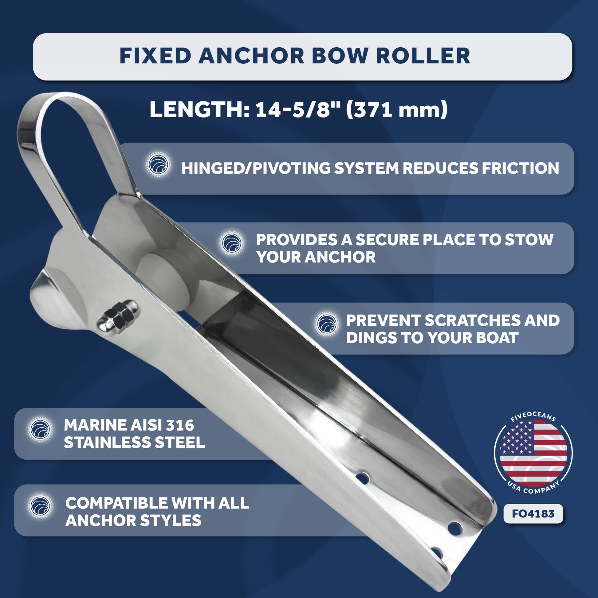 Fixed Anchor Bow Roller, Length 14-5/8", Stainless Steel - FO4183 - Five Oceans