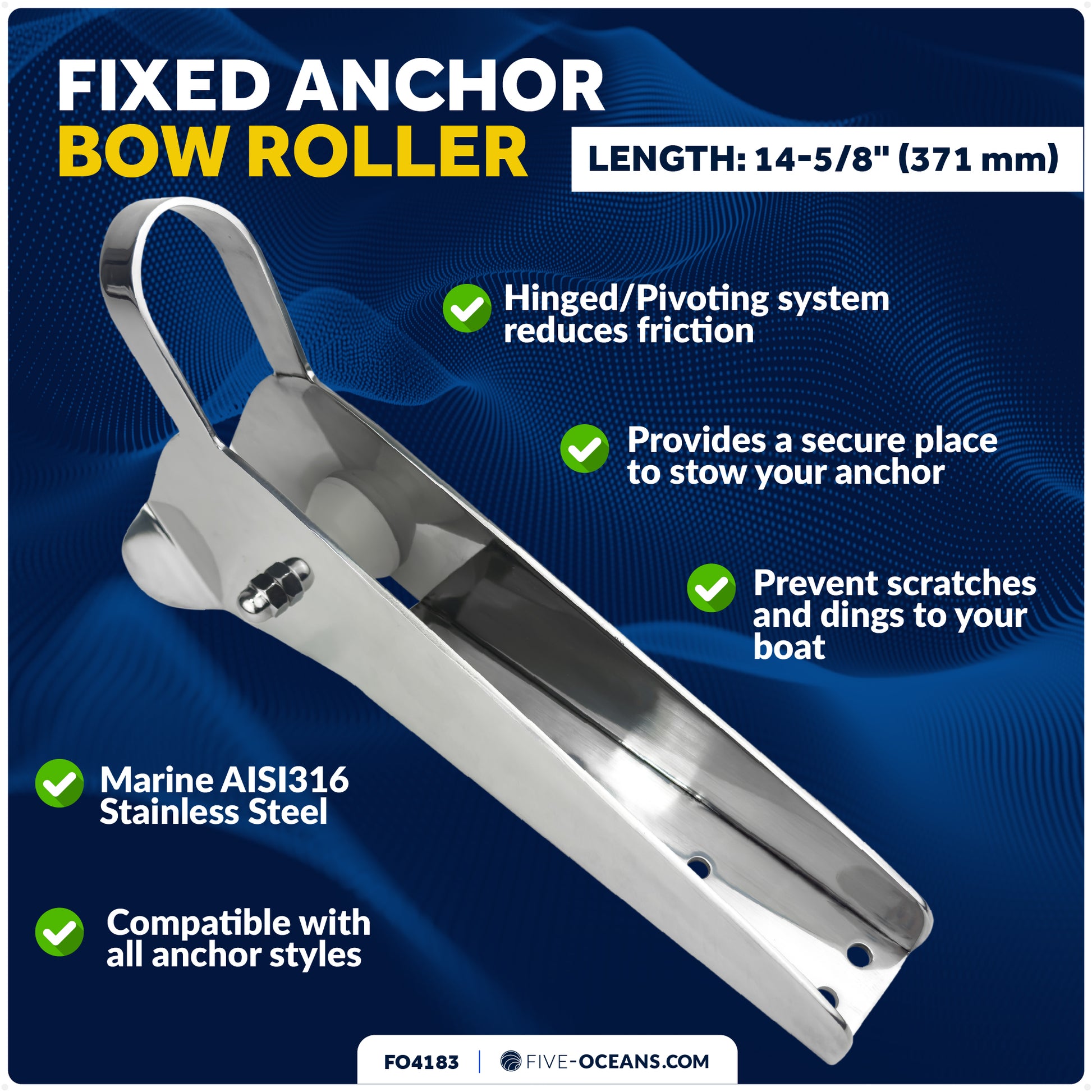 14-5/8" Universal Anchor Bow Roller, AISI316 Stainless Steel - FO4183 - Five Oceans