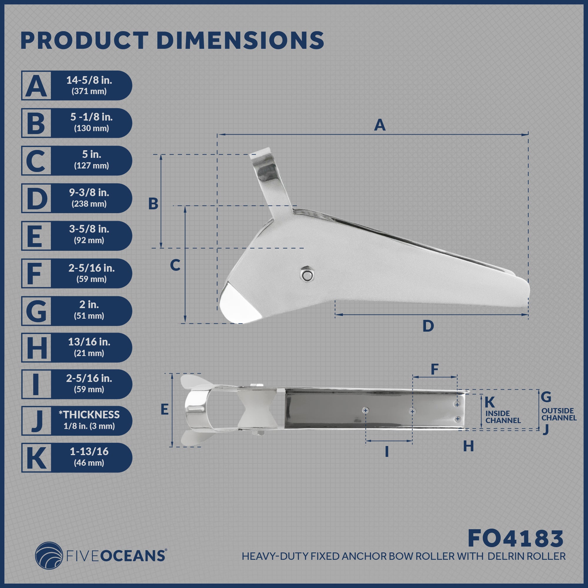 Fixed Anchor Bow Roller, Length 14-5/8", Stainless Steel - FO4183 - Five Oceans