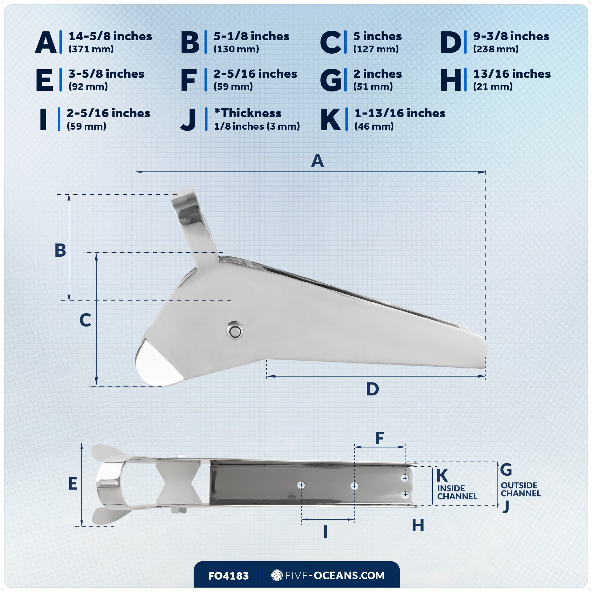 14-5/8" Universal Anchor Bow Roller, AISI316 Stainless Steel - FO4183 - Five Oceans