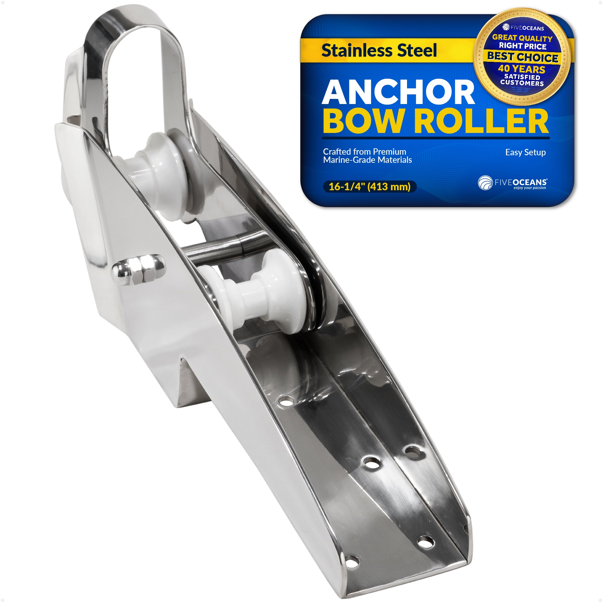 Pivoting Self-launching Anchor Bow Roller, Length 16-1/4", Stainless Steel - FO4184 - Five Oceans