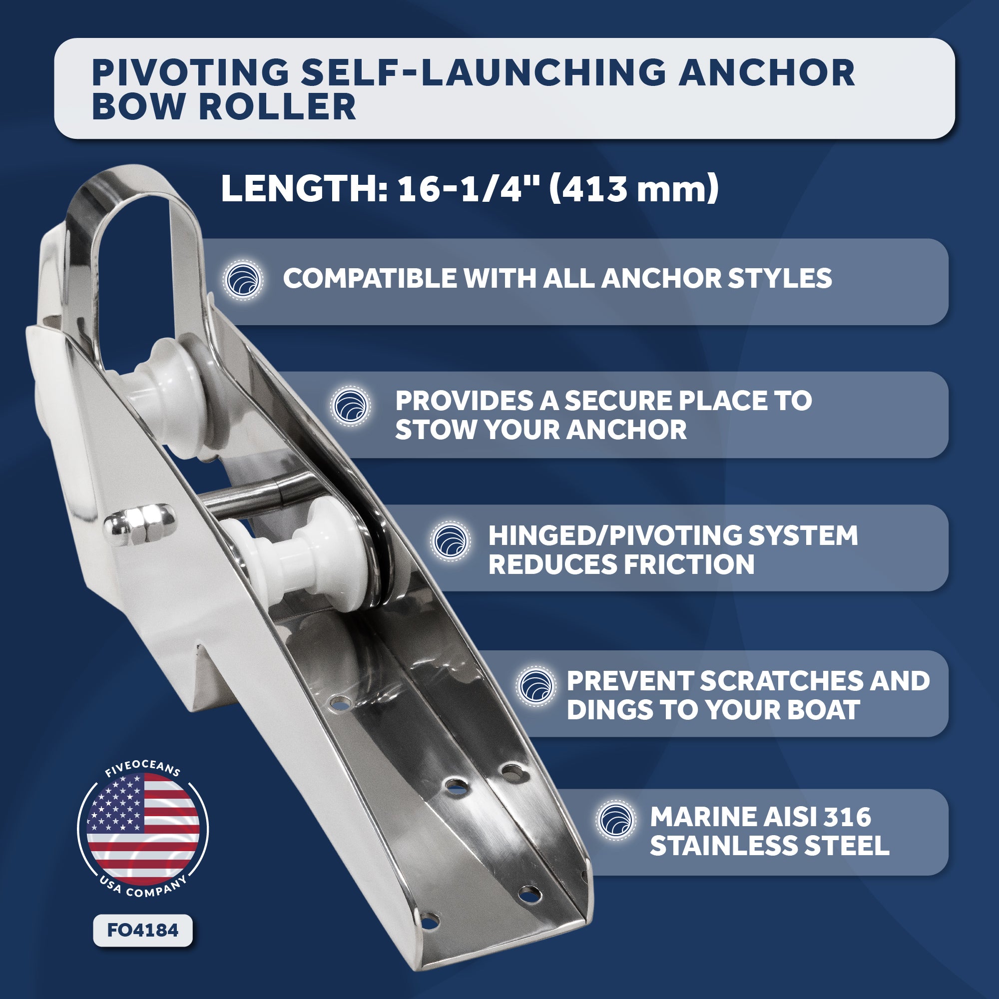 Pivoting Self-launching Anchor Bow Roller, Length 16-1/4", Stainless Steel - FO4184 - Five Oceans
