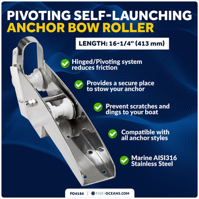 16-1/4" Hinged Self-Launching Anchor Bow Roller, AISI316 Stainless Steel - FO4184 - Five Oceans