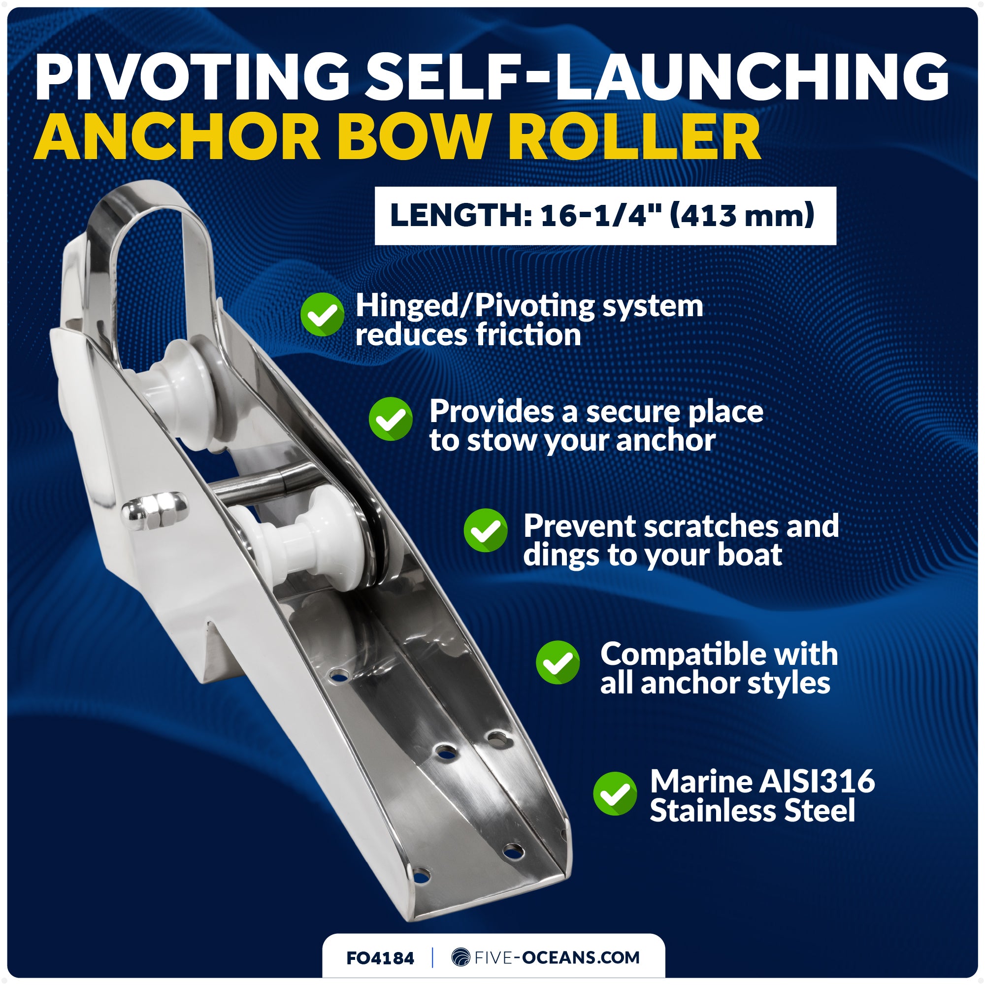 16-1/4" Hinged Self-Launching Anchor Bow Roller, AISI316 Stainless Steel - FO4184