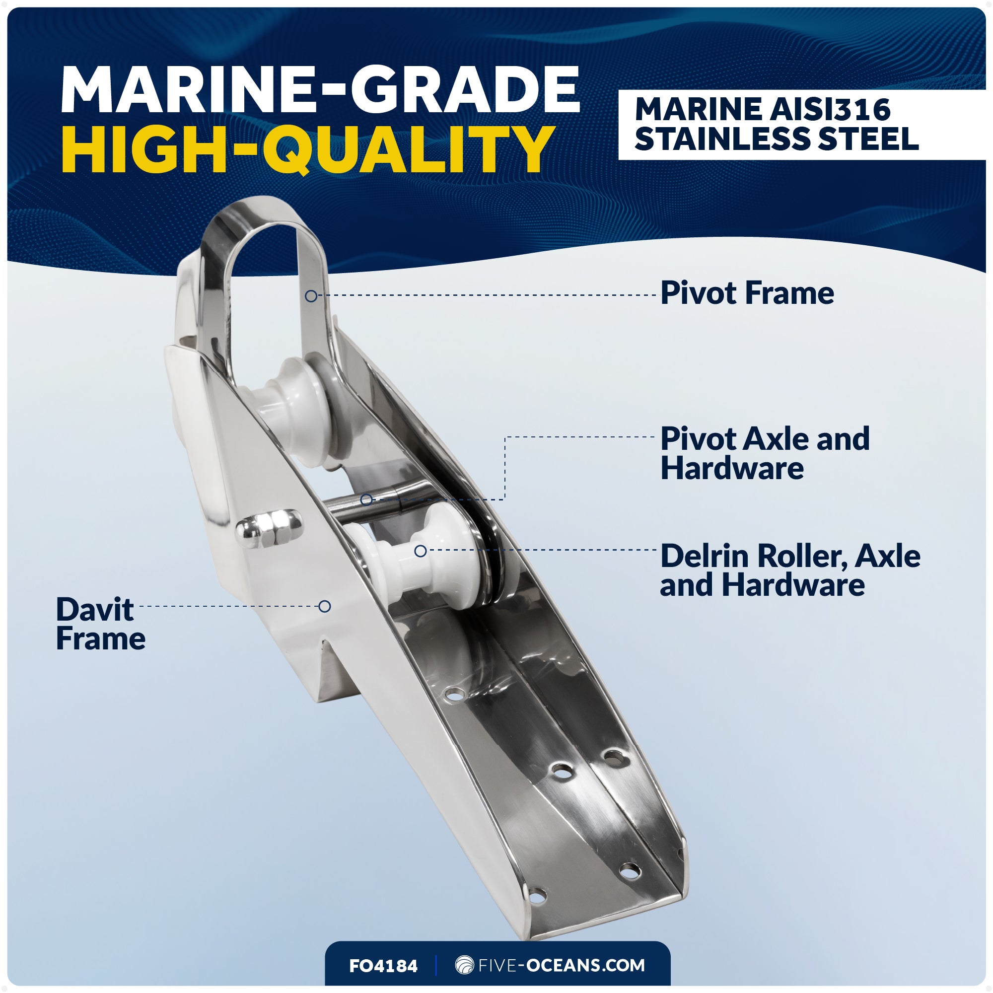 16-1/4" Hinged Self-Launching Anchor Bow Roller, AISI316 Stainless Steel - FO4184
