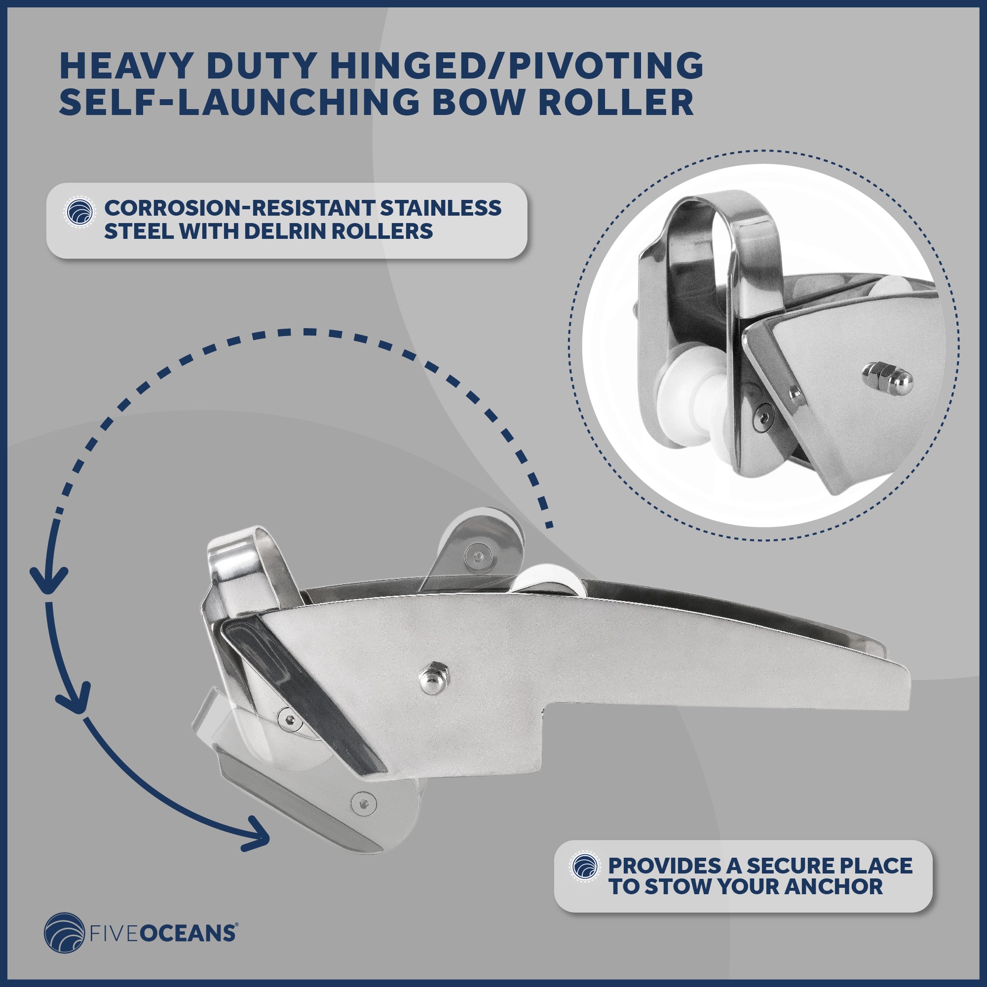 Pivoting Self-launching Anchor Bow Roller, Length 16-1/4", Stainless Steel - FO4184 - Five Oceans