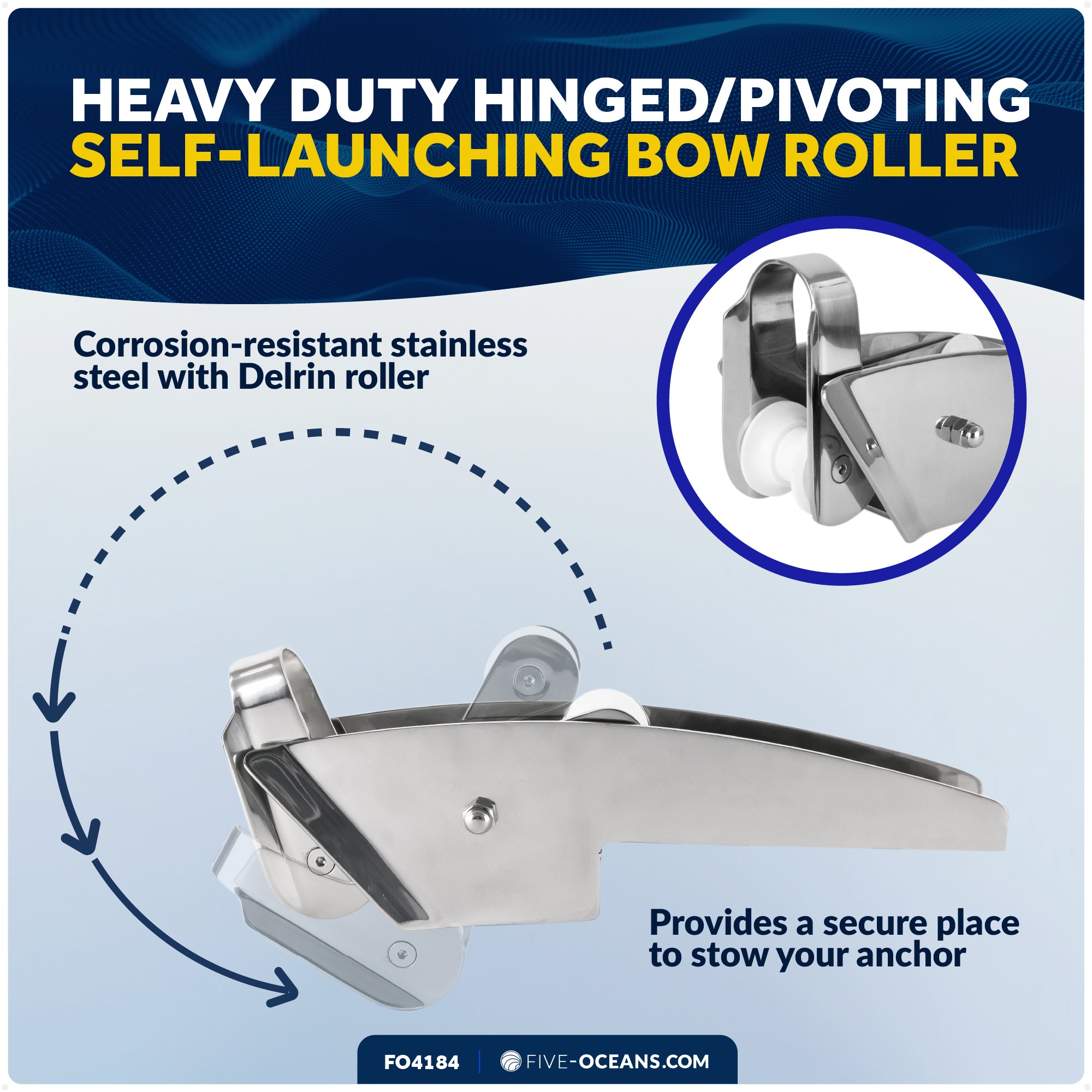 16-1/4" Hinged Self-Launching Anchor Bow Roller, AISI316 Stainless Steel - FO4184