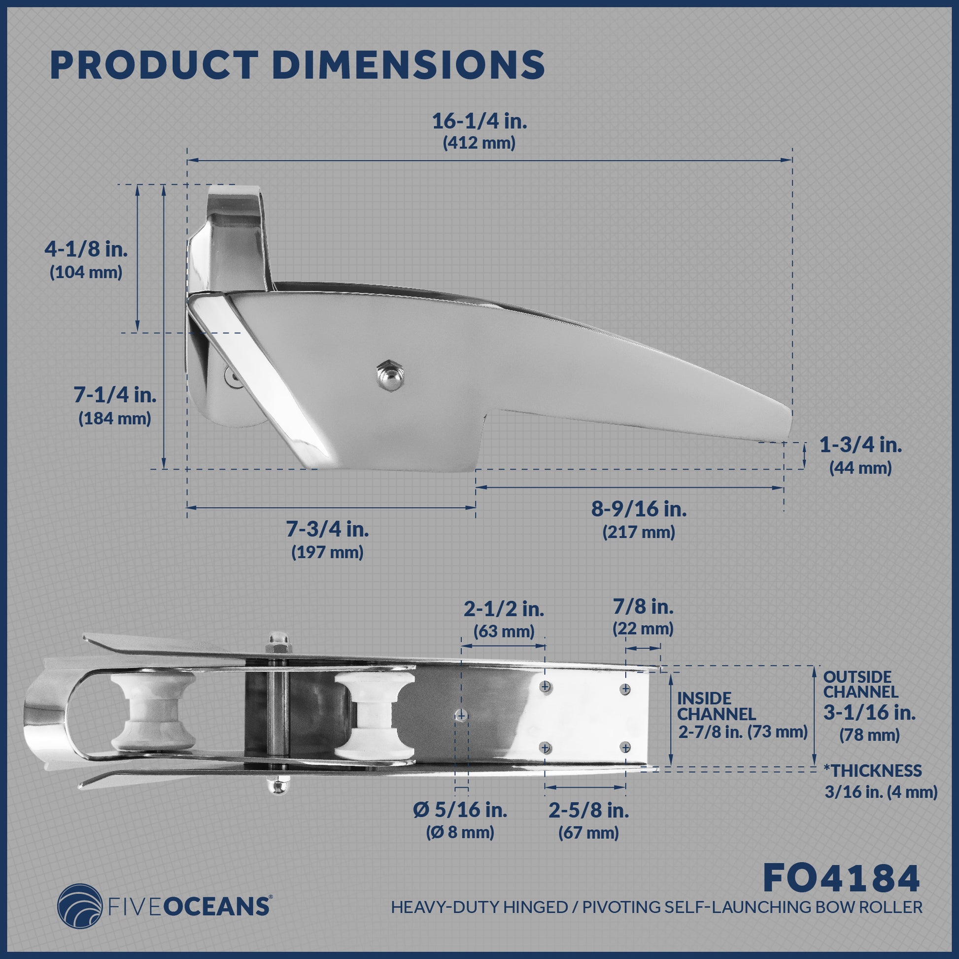 Pivoting Self-launching Anchor Bow Roller, Length 16-1/4", Stainless Steel - FO4184 - Five Oceans